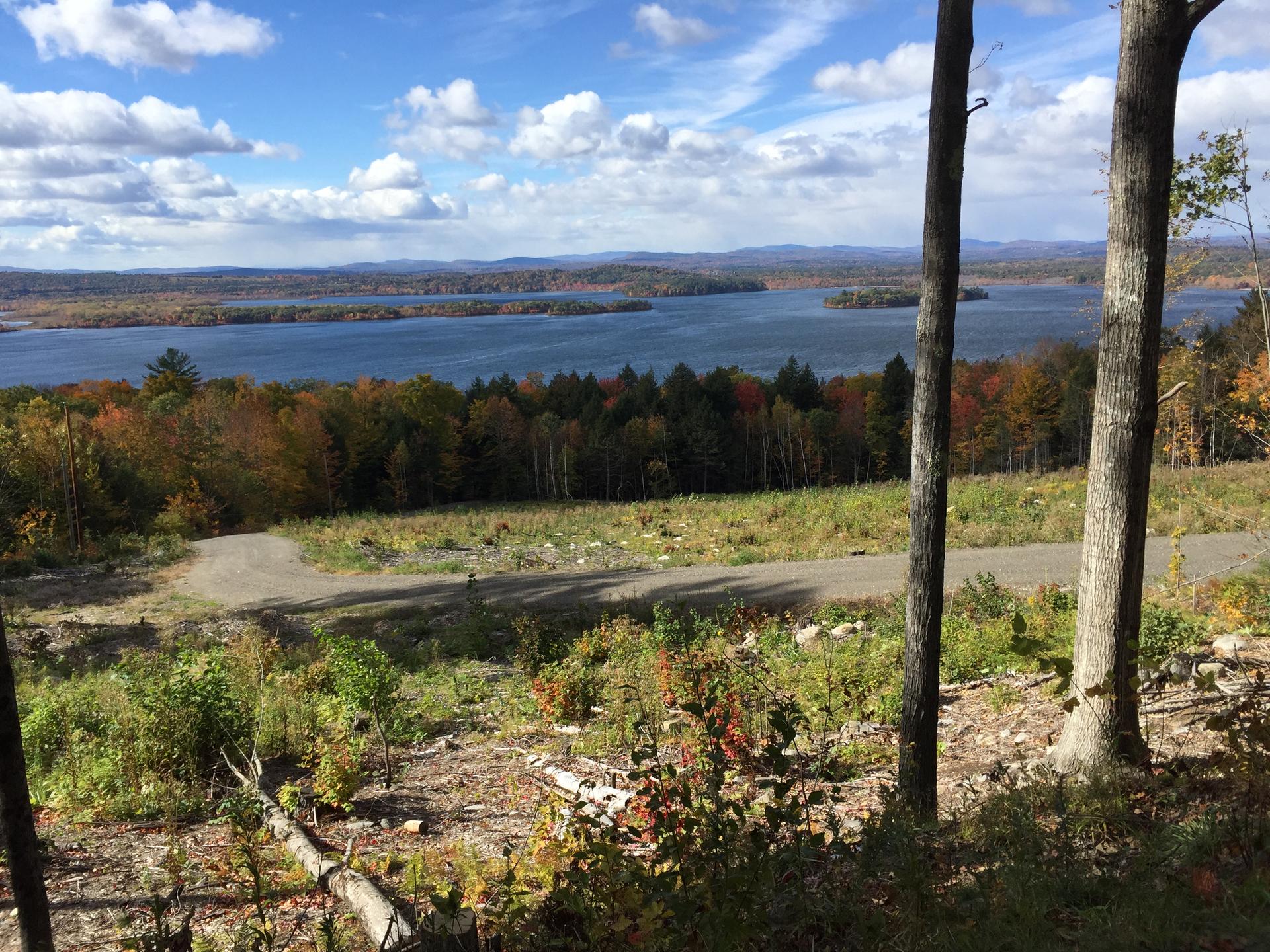Scenic overlook of a large lake surrounded by autumn forests under a cloudy sky.
