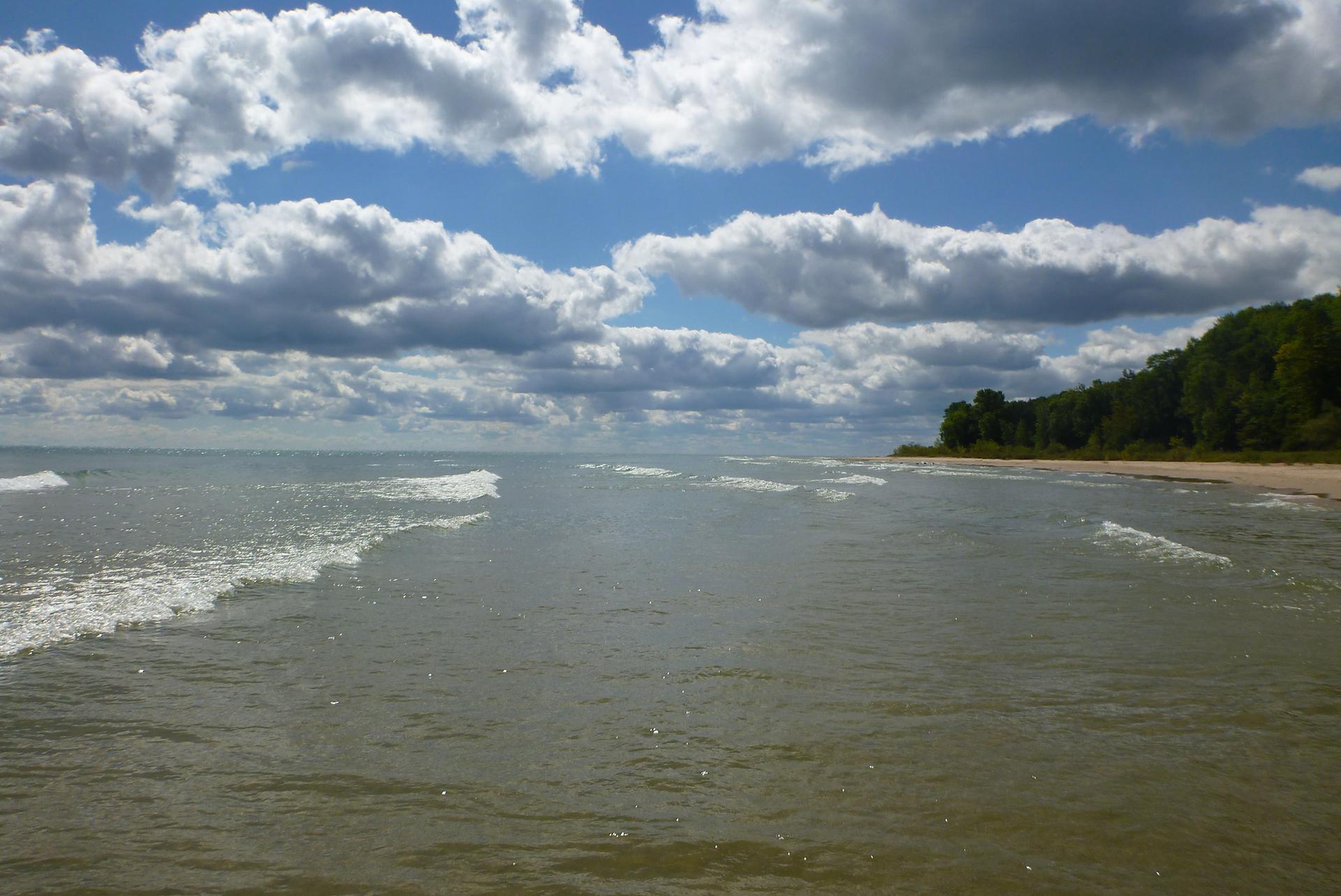 Wide body of water with small waves, sandy beach, and cloudy sky.