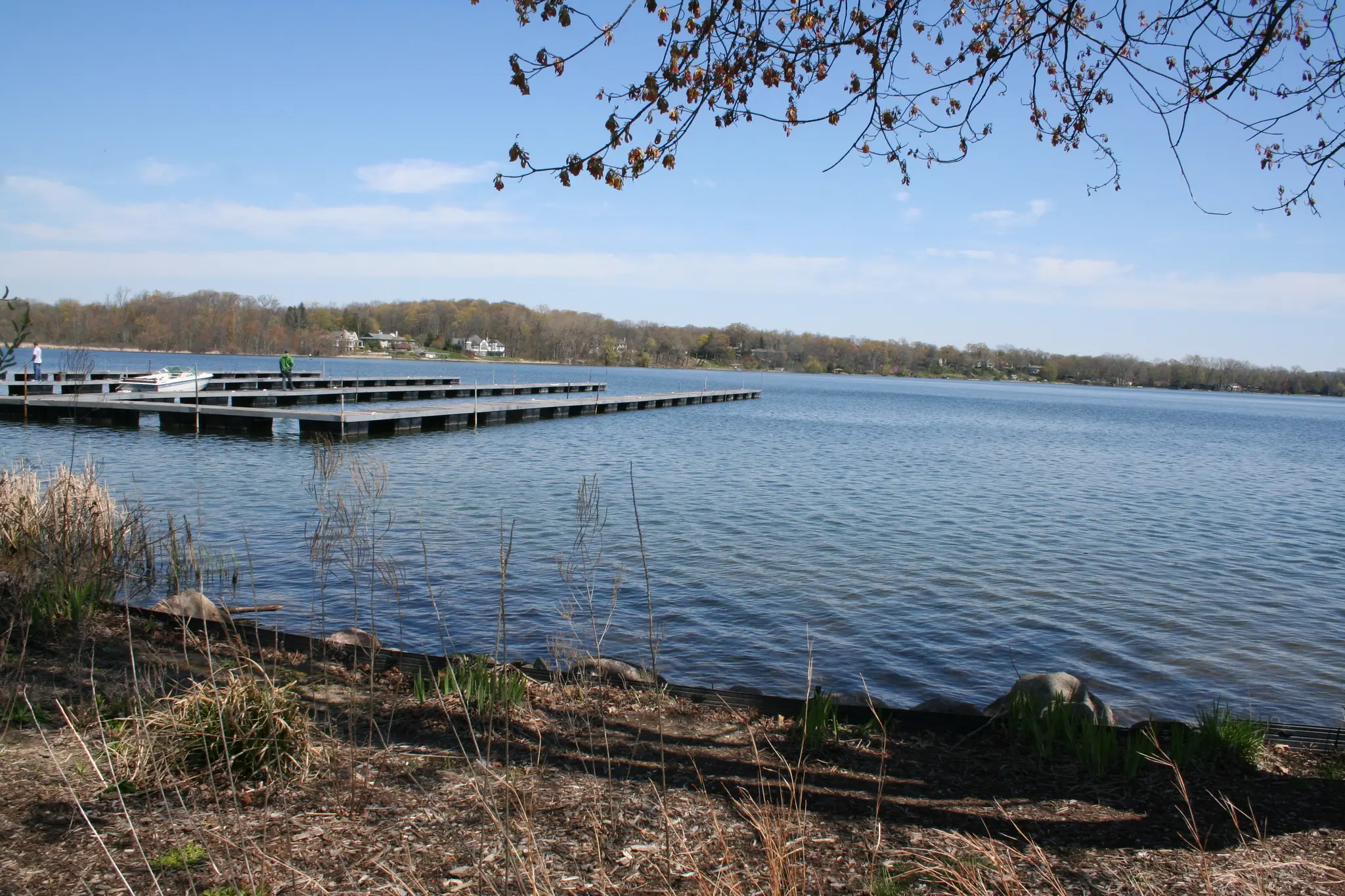Empty boat docks extend into a calm lake under a clear blue sky.