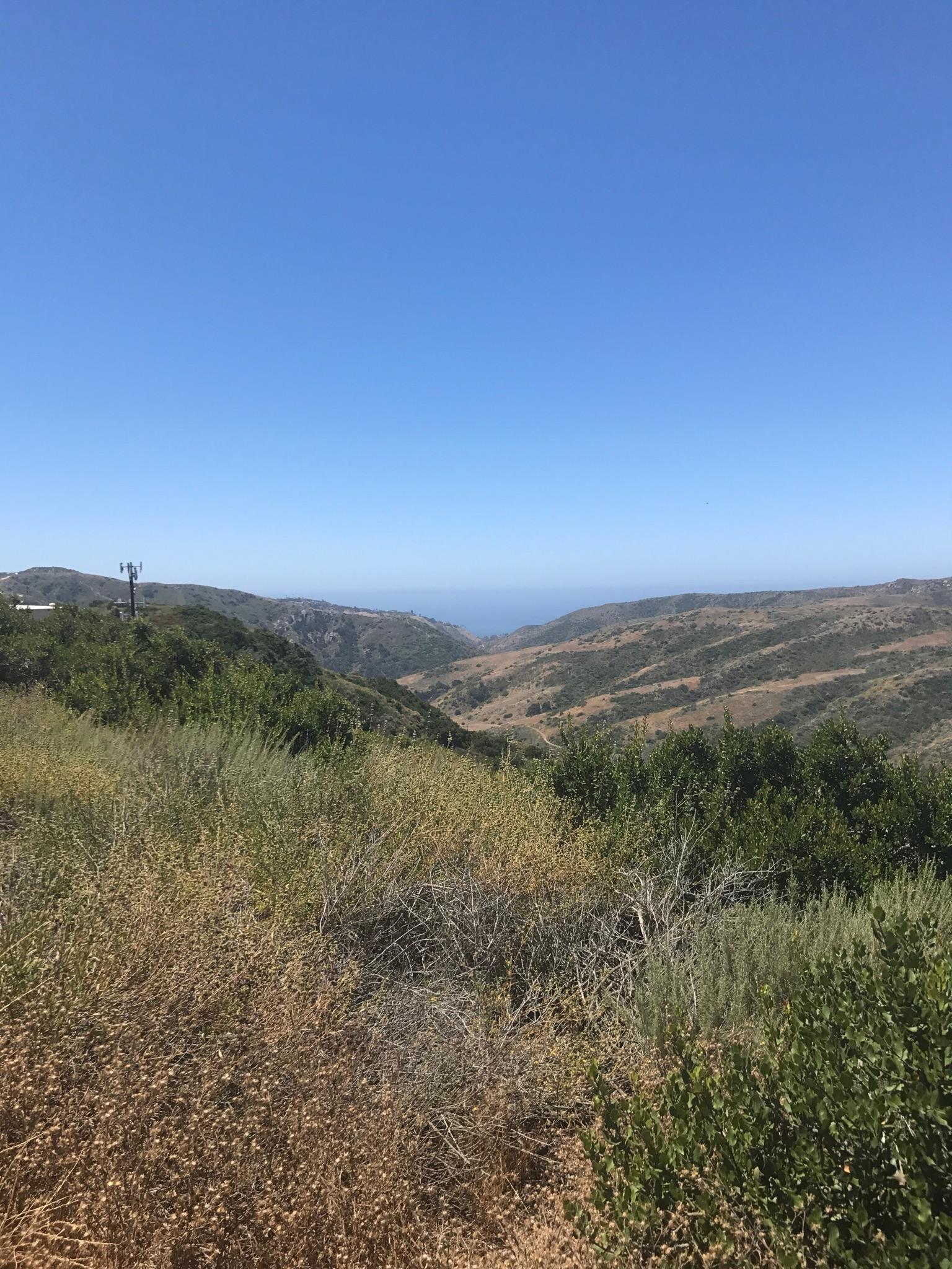 Expansive view of a green valley leading to a distant ocean under a clear sky.