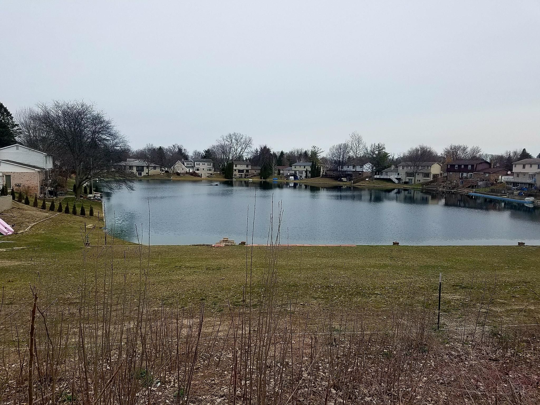 A large lake surrounded by houses and green lawns under a gray sky. - Macomb Orchard Trail – Twin Lake loop from Shelby Charter Township