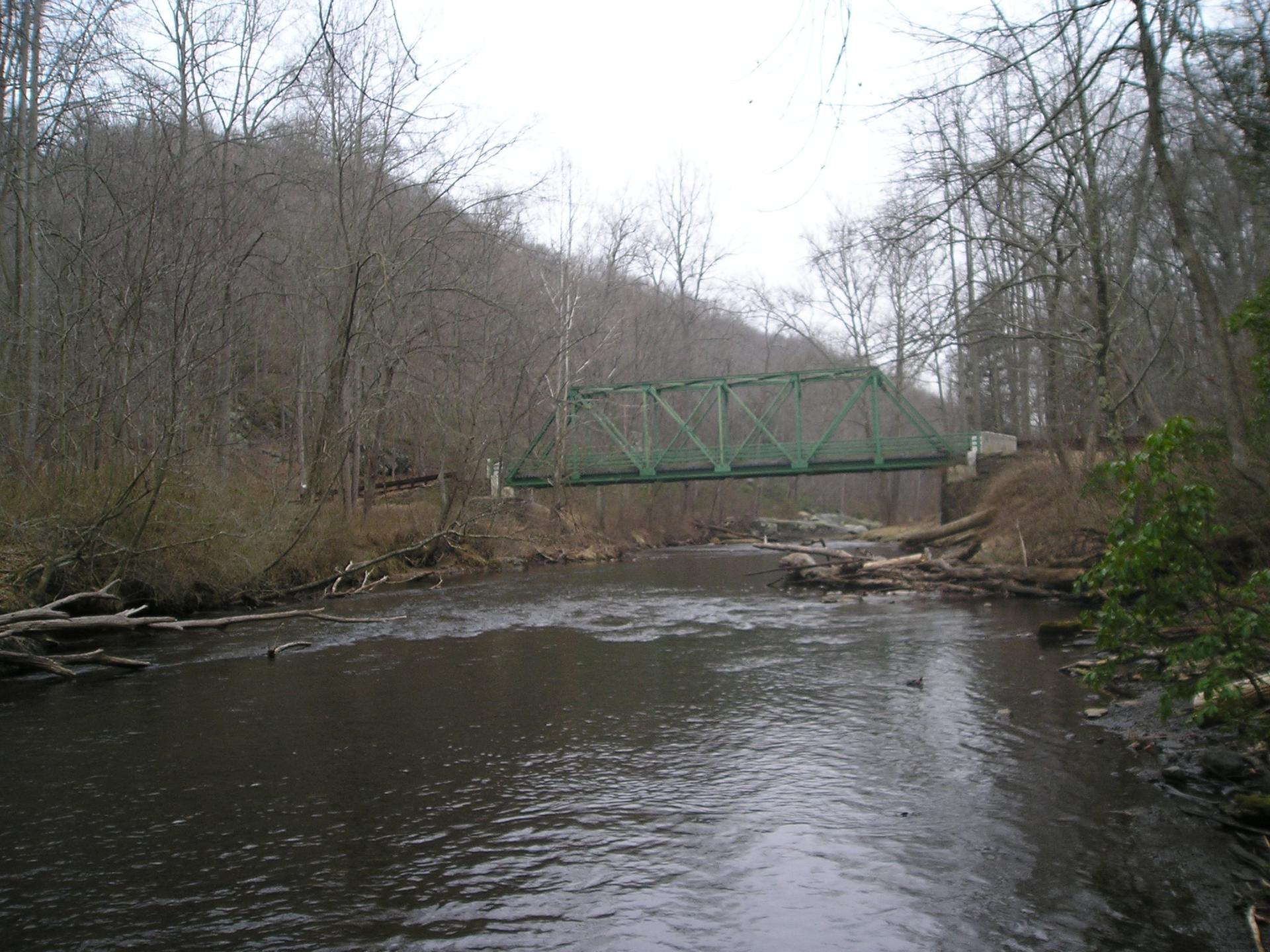 Green truss bridge spans a dark river surrounded by bare winter trees under an overcast sky.