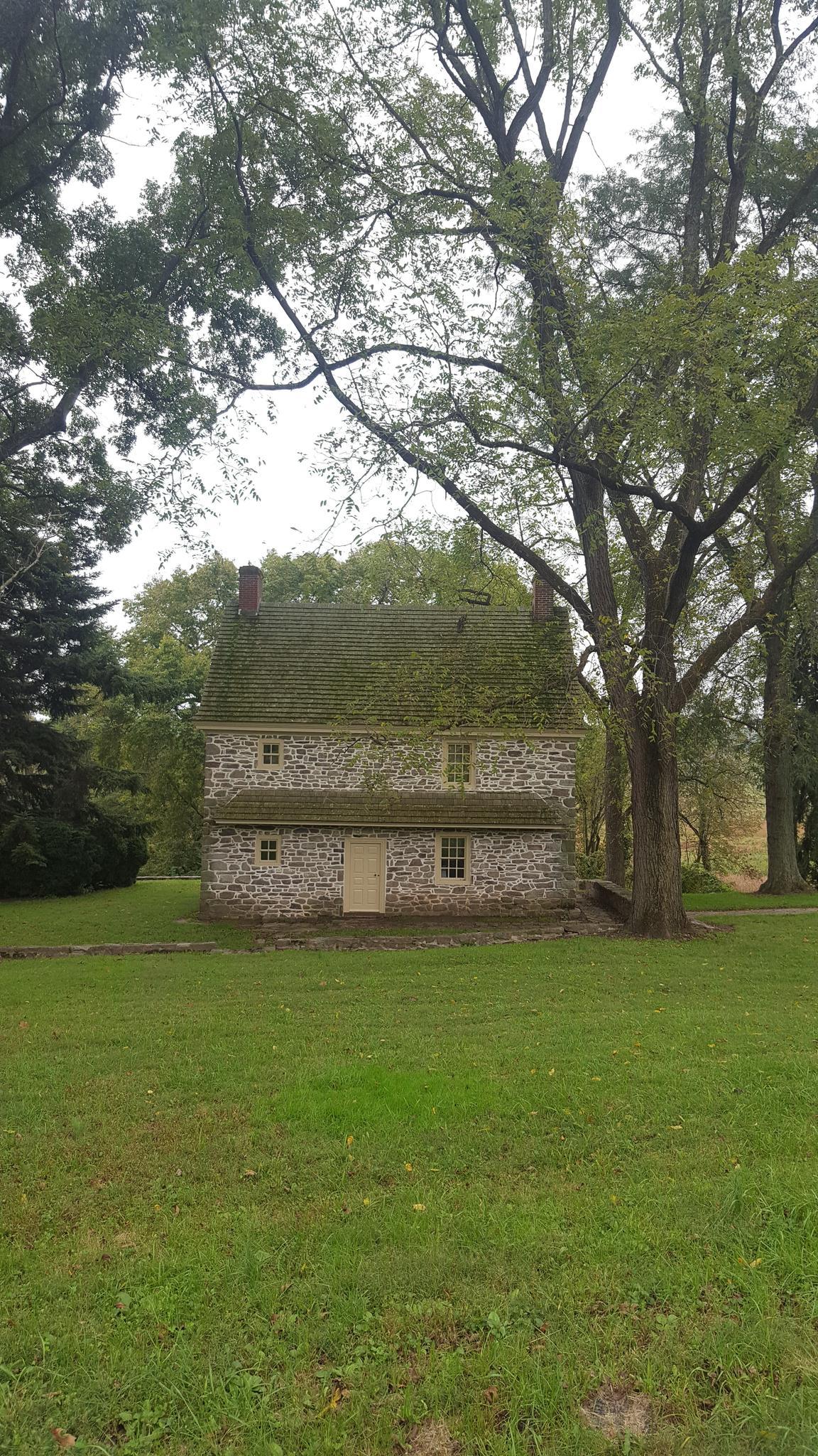 Stone house with mossy roof in a grassy field, surrounded by large trees.