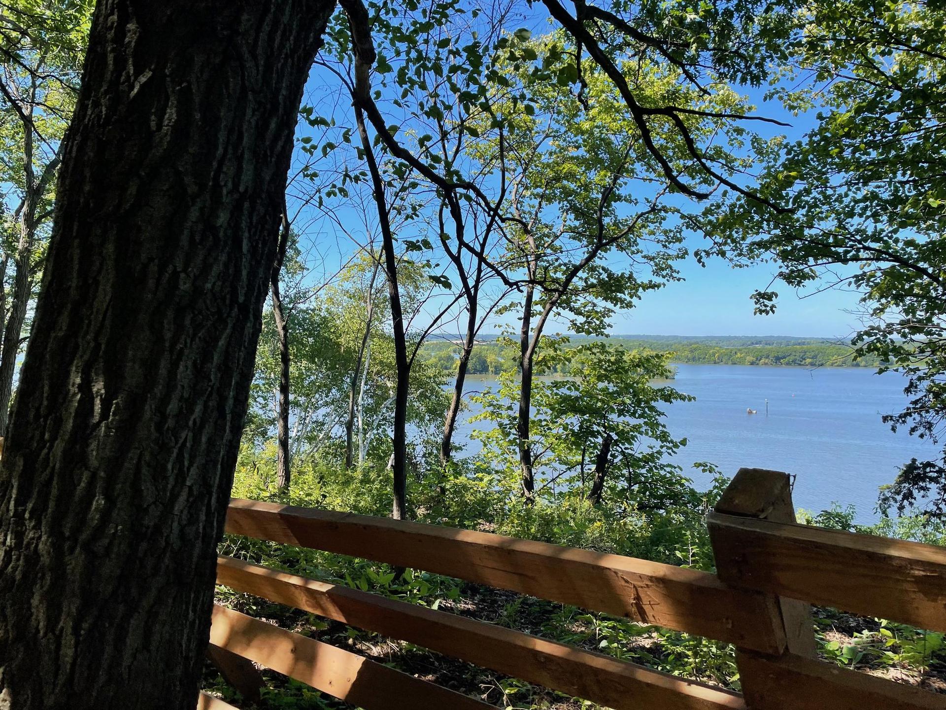 River view through green trees and a wooden fence on a sunny day.