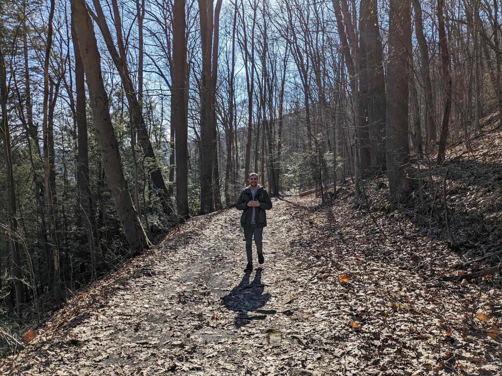 Man walks on a sunlit forest path covered in fallen leaves.