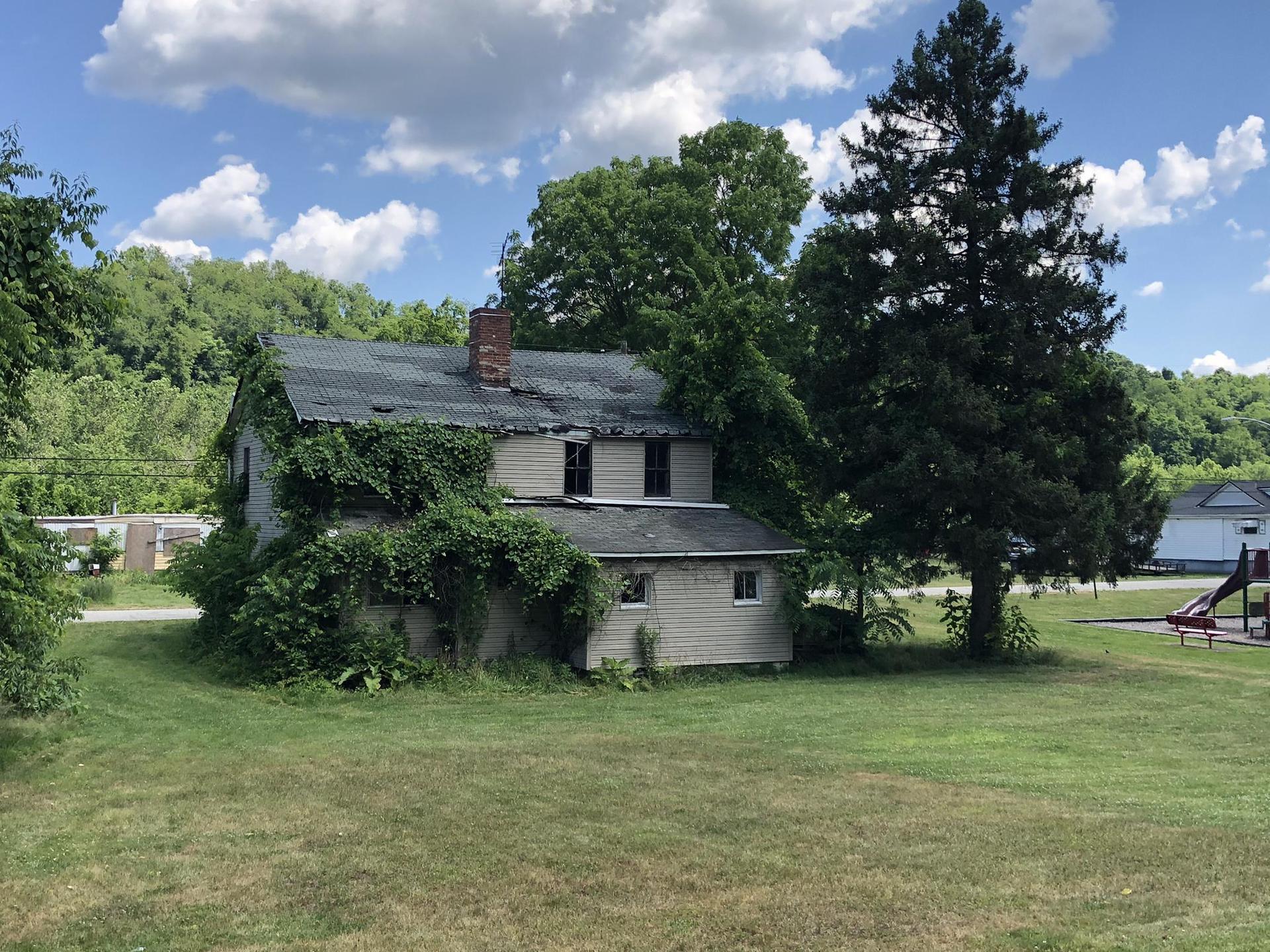 An old, vine-covered house with a dark roof in a sunny, grassy yard.