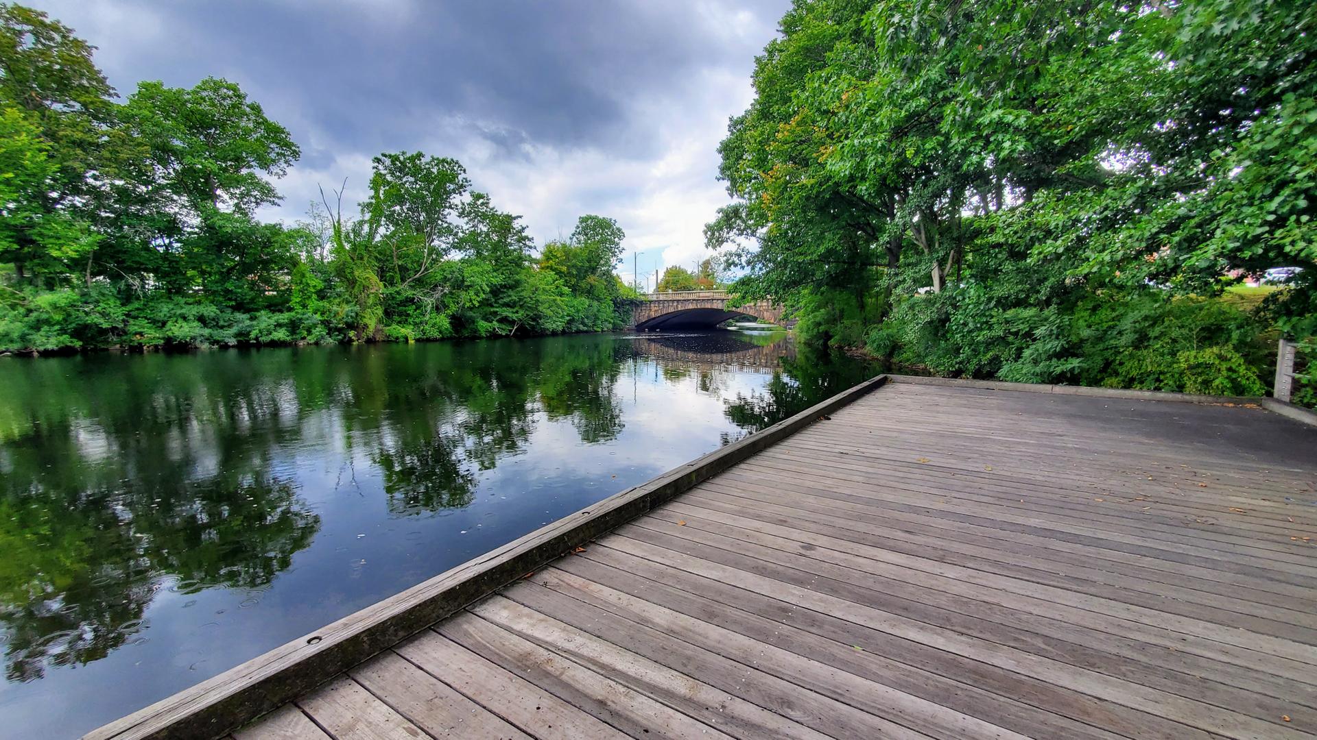 Wooden dock beside a calm river with green trees under an overcast sky.