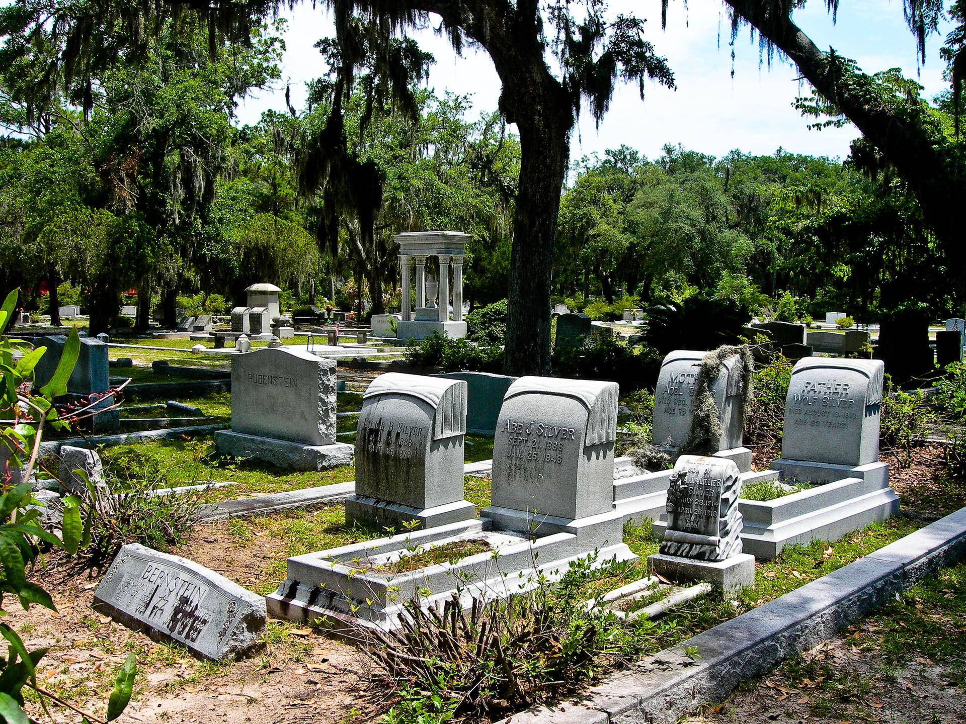 Numerous old gravestones and monuments stand among trees in a sunny cemetery.