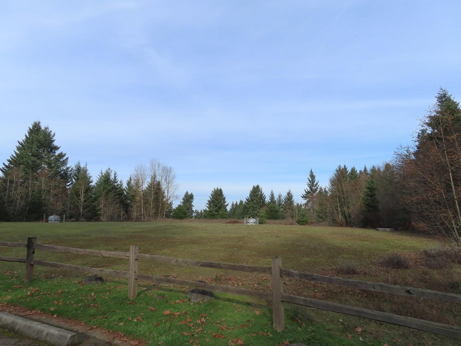 A wide grassy field with a wooden fence, bordered by dense trees under a bright sky.