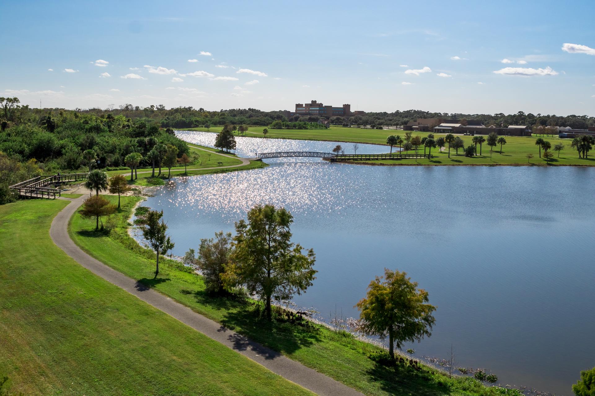 Sunny lake with a winding path, green banks, trees, and a distant bridge.