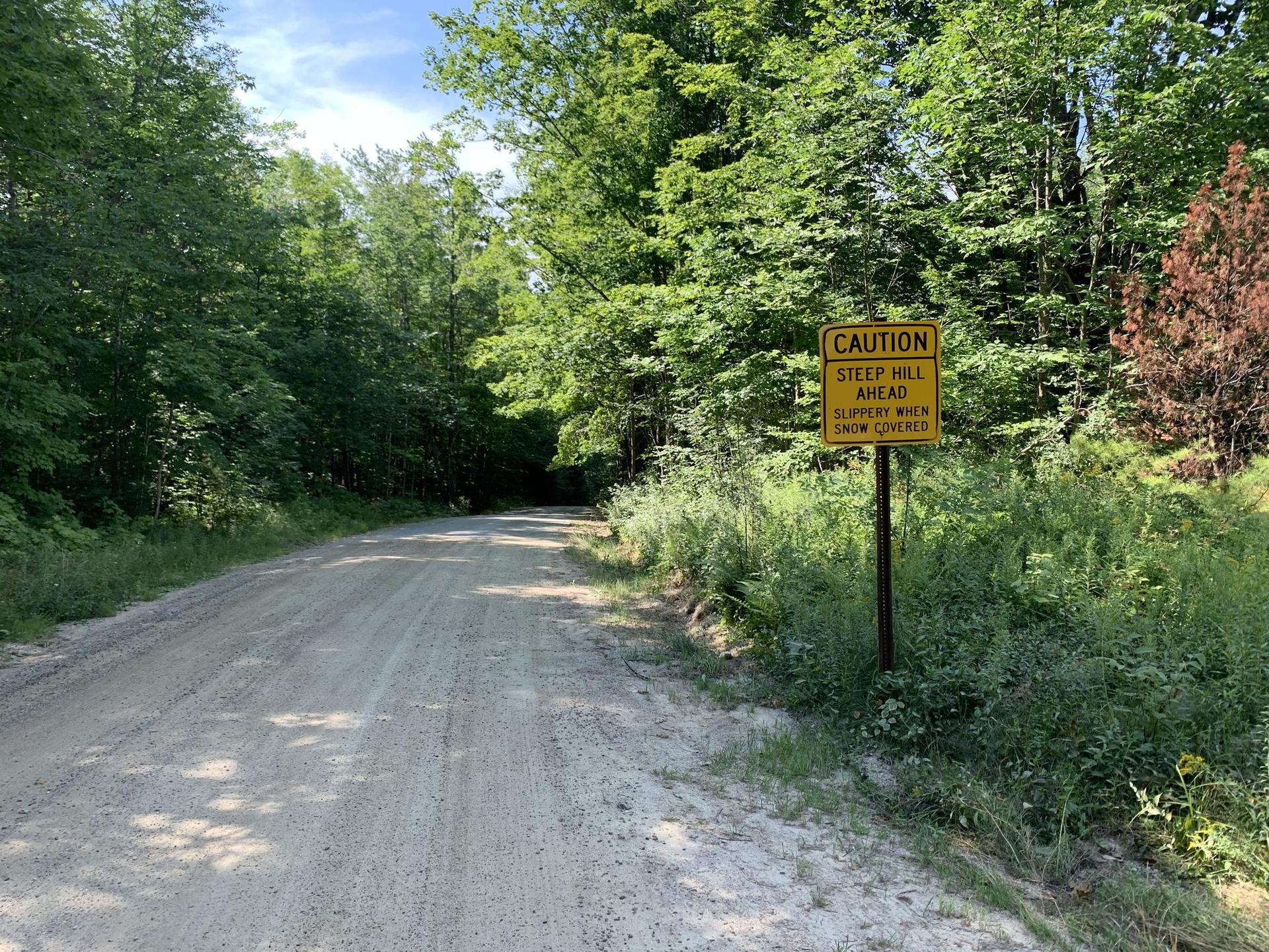 Gravel road winding through dense green forest with a yellow caution sign.