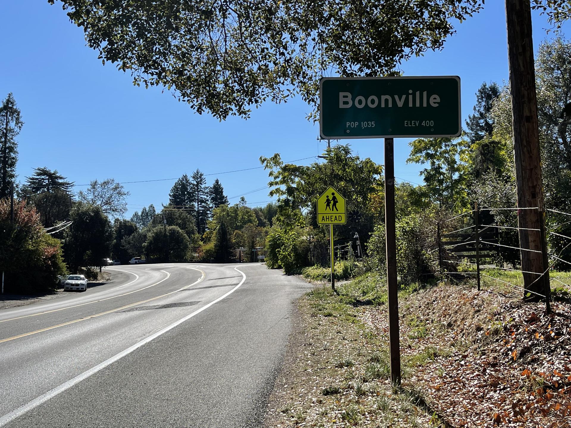 Green road sign next to a curved road, surrounded by trees on a sunny day.