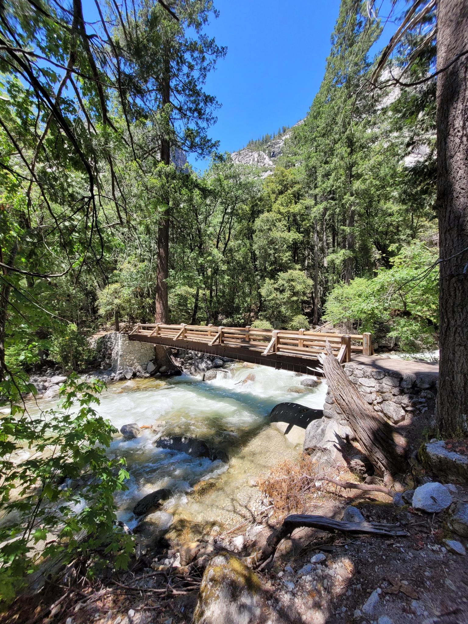 Wooden bridge crosses a river in a sunny, forested canyon.
