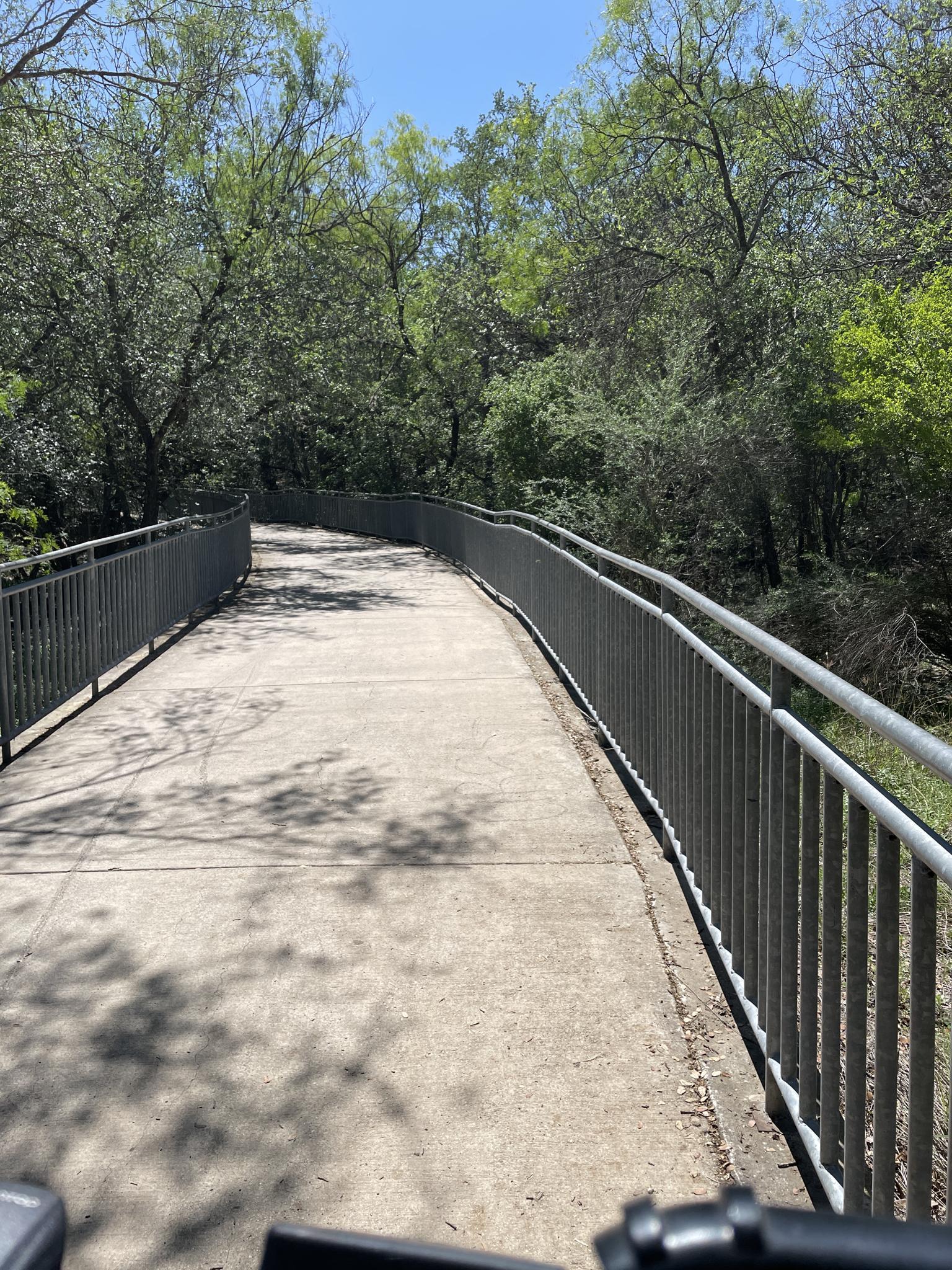 Sunny concrete path with metal railings winding through green trees.