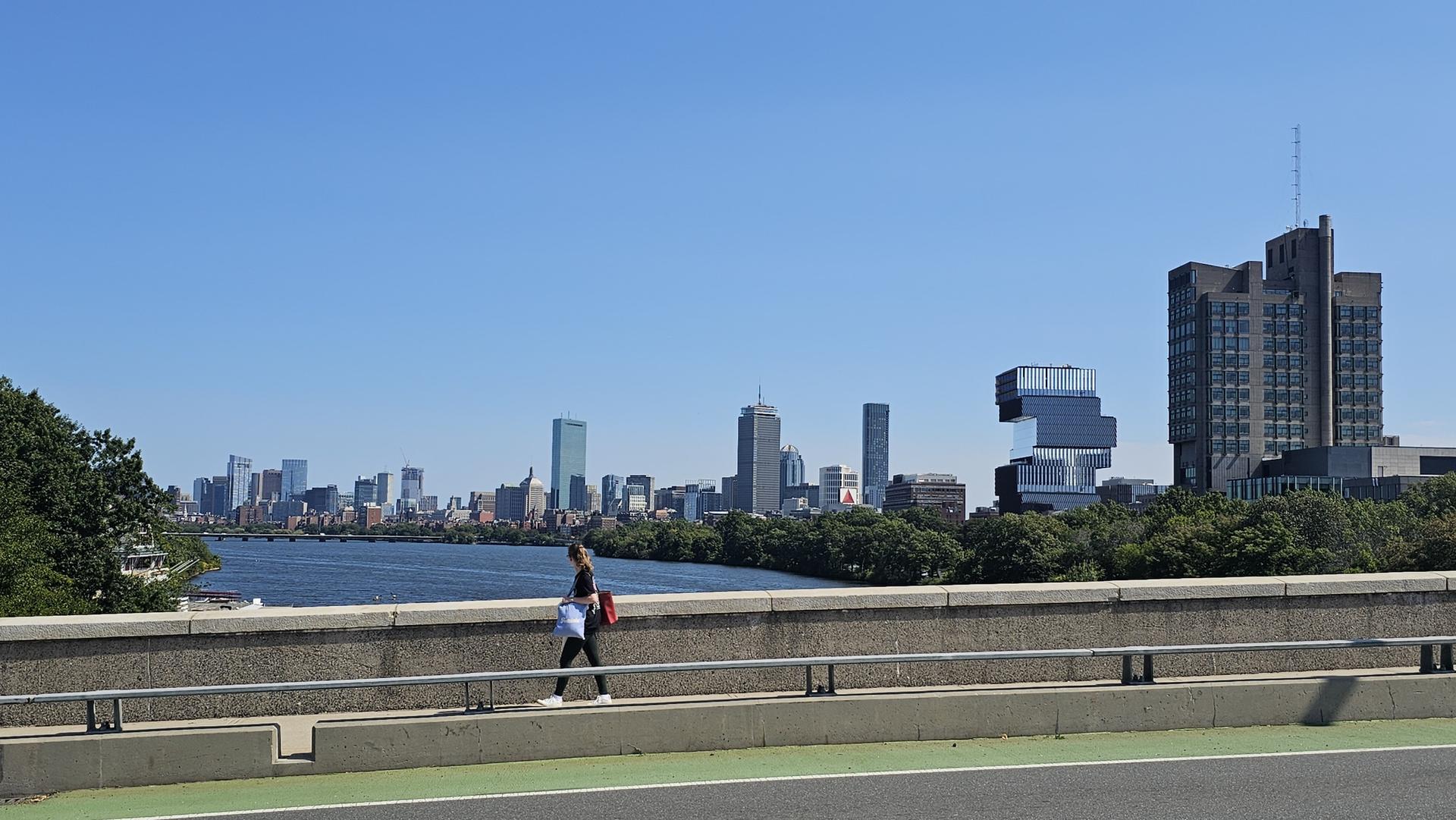 A person walks on a bridge overlooking a river and distant city skyline.