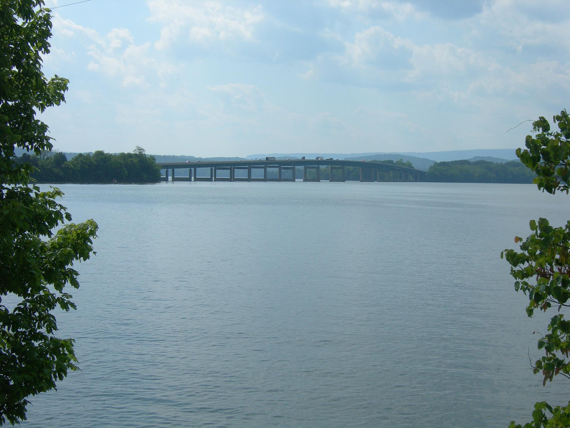 Expansive water with a distant bridge, framed by green trees on a bright day.