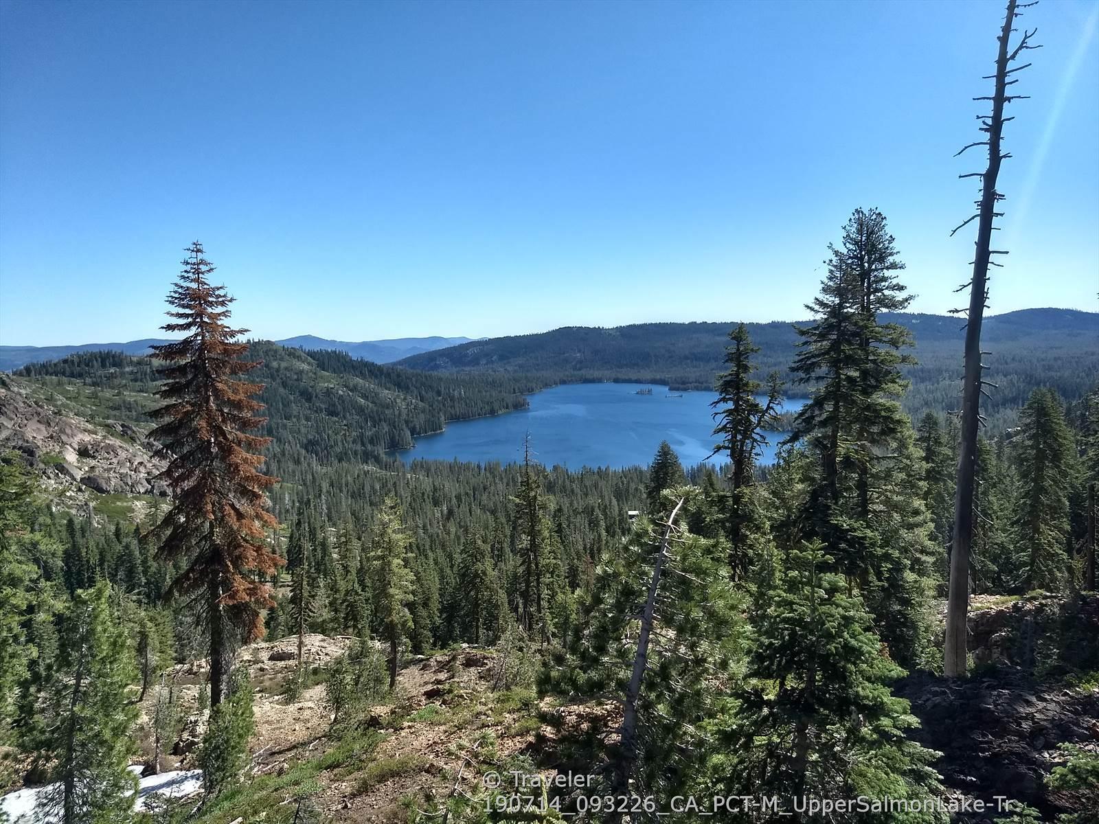 A clear blue lake surrounded by dense pine forest under a bright sky.