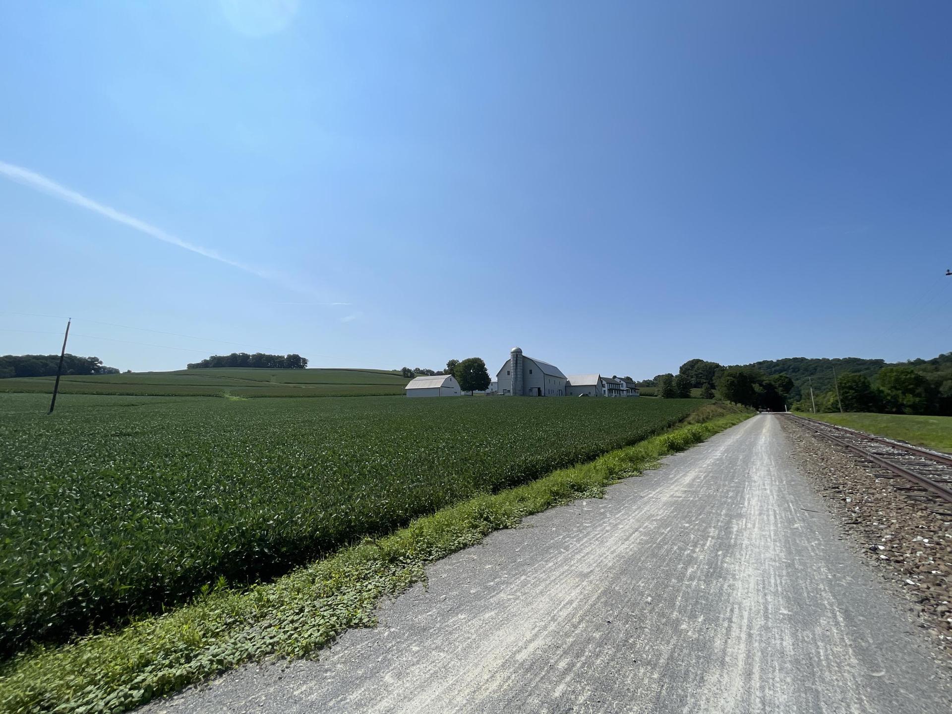 Expansive green fields and distant farm buildings under a clear blue sky.
