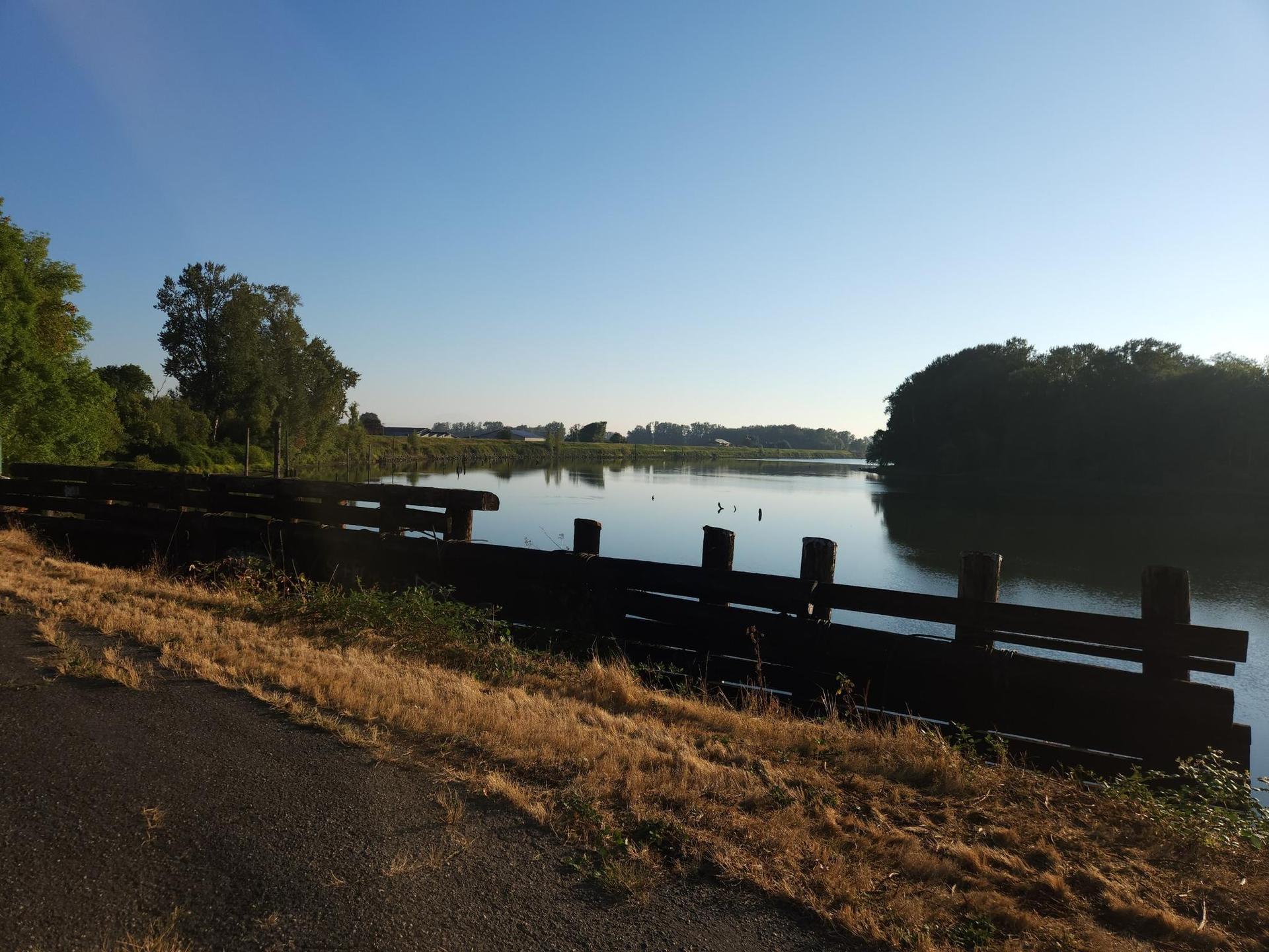 Wide river with a wooden fence, surrounded by trees under a bright sky.