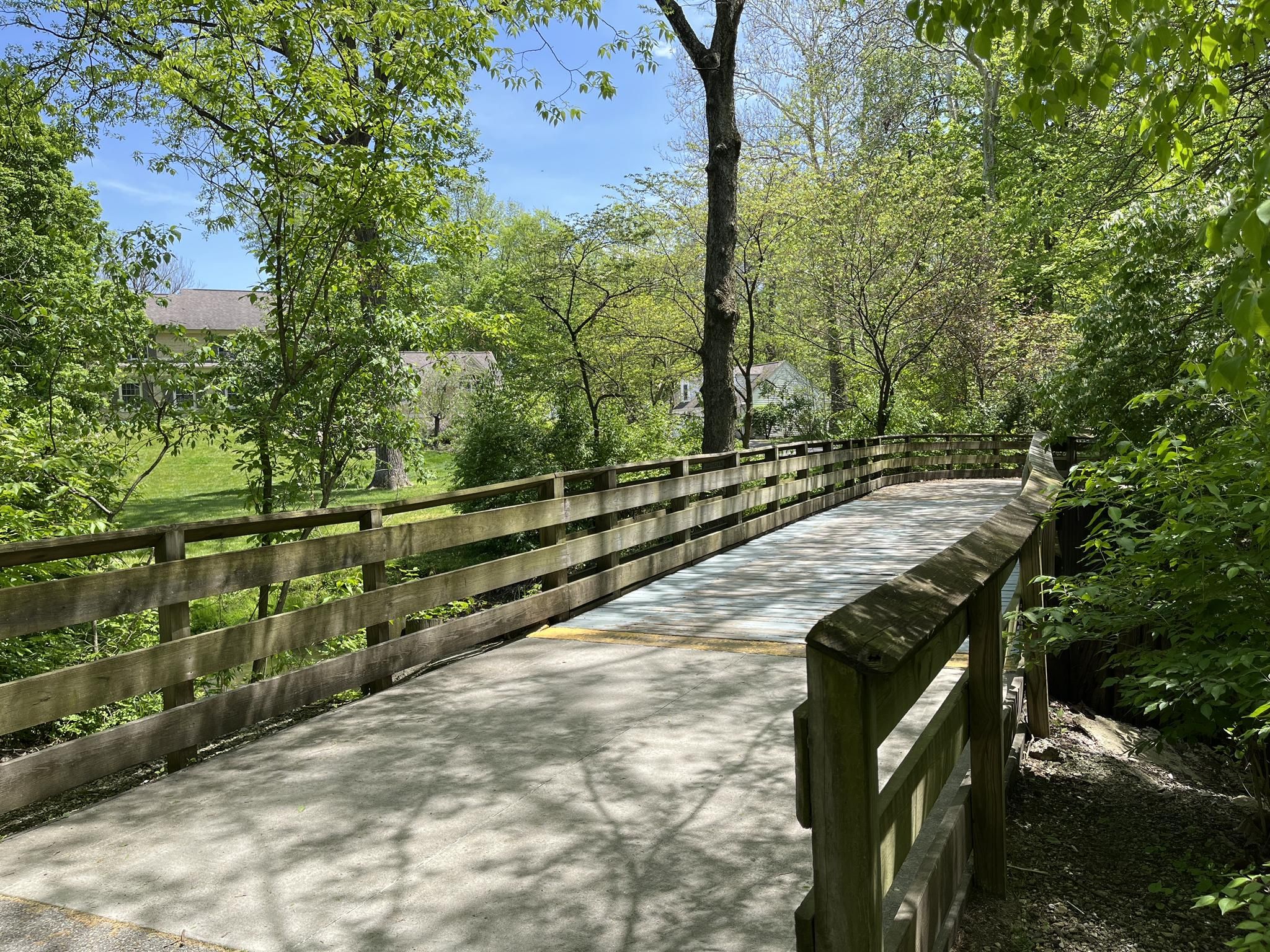 Sunny wooden bridge path through green trees, with dappled light. - Hagan-Burke Trail