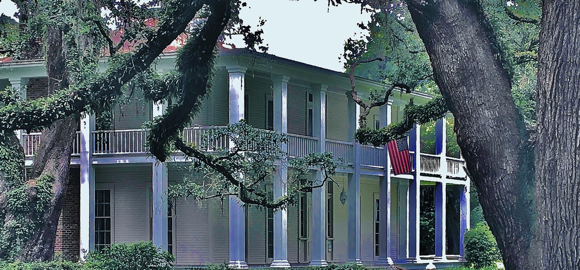 Grand white house with columns and balconies, framed by large, mossy trees.