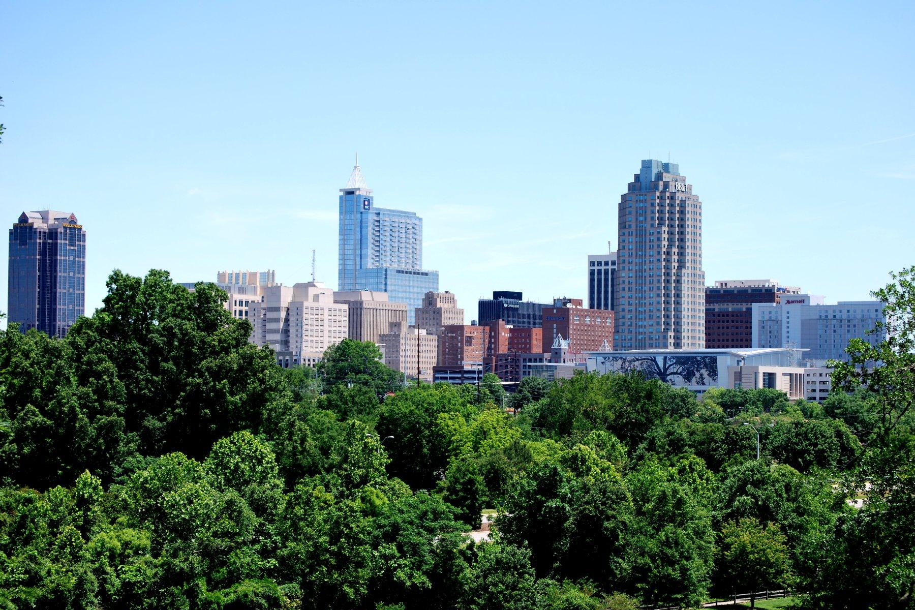 A city skyline with tall buildings rising above a lush green tree line.