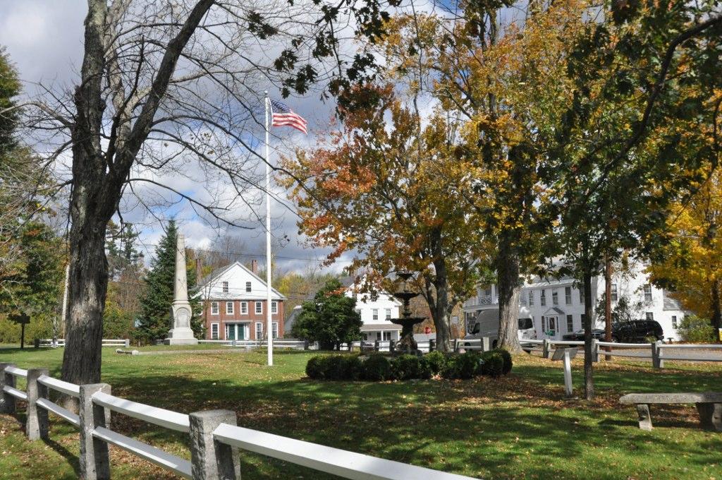 Park with autumn trees, flagpole, monument, and buildings under a cloudy sky.