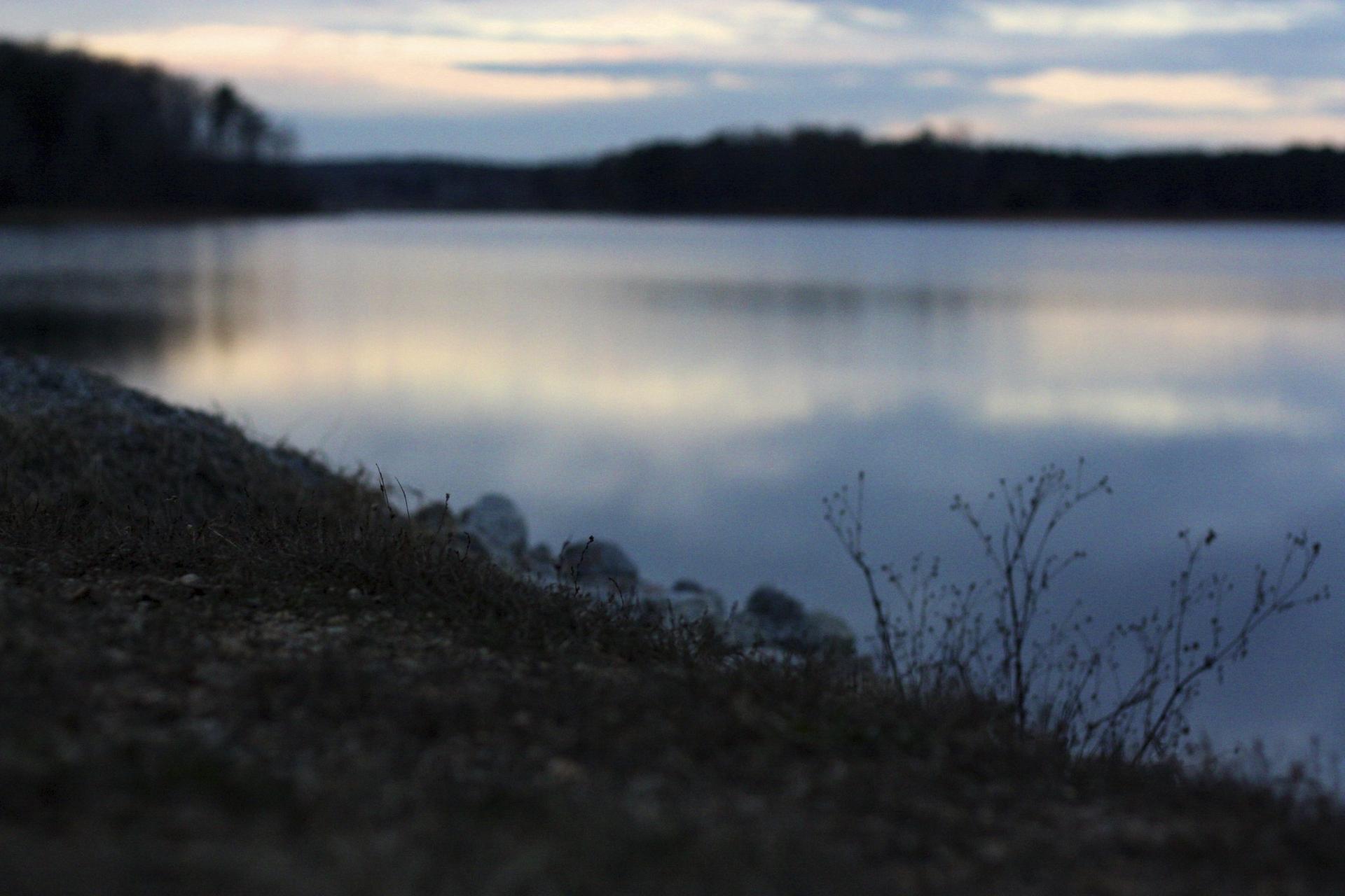 Calm lake reflecting cloudy sky at dusk, with dark foreground vegetation.