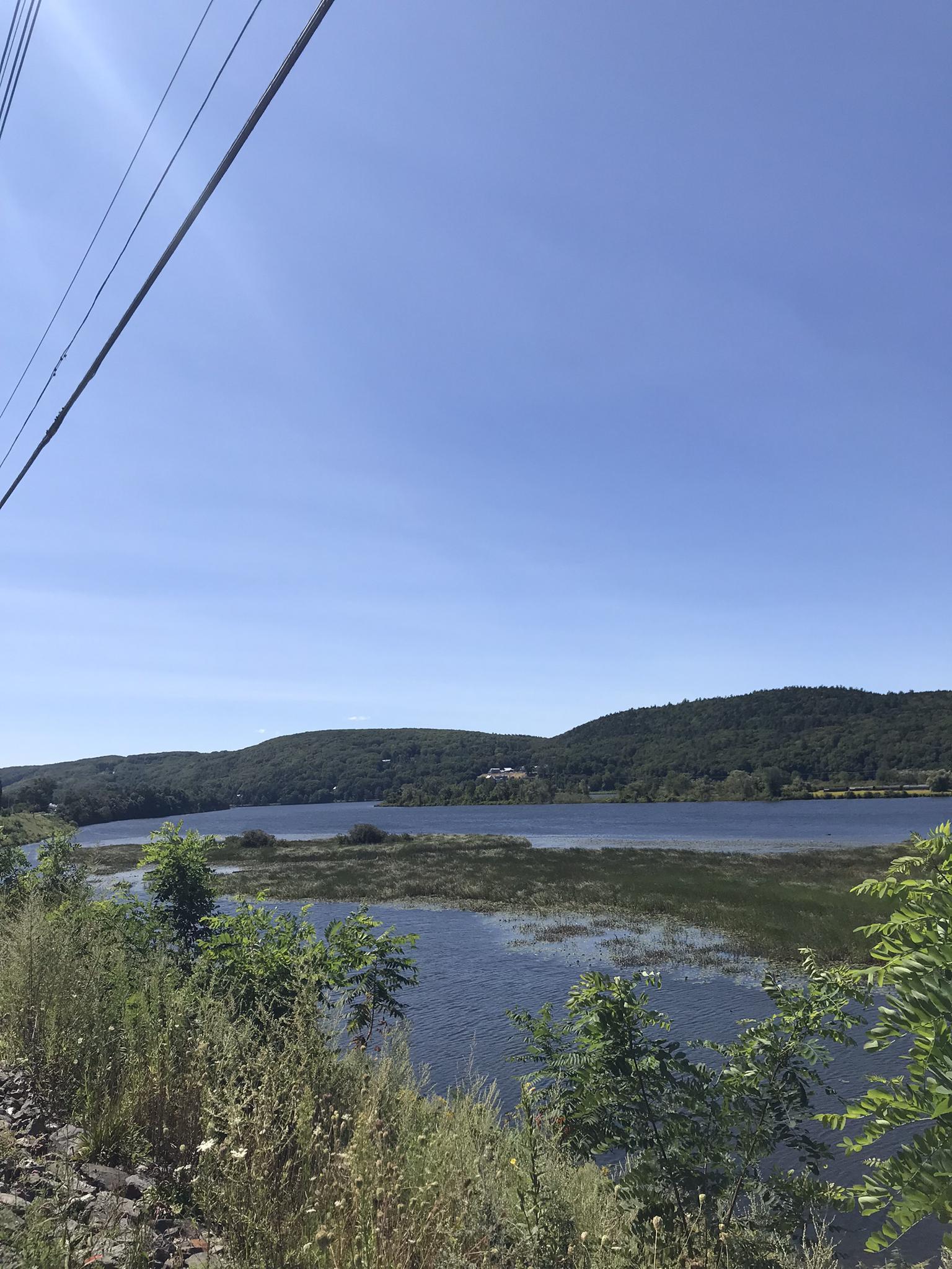A wide river with marshy banks and green hills under a clear sky.