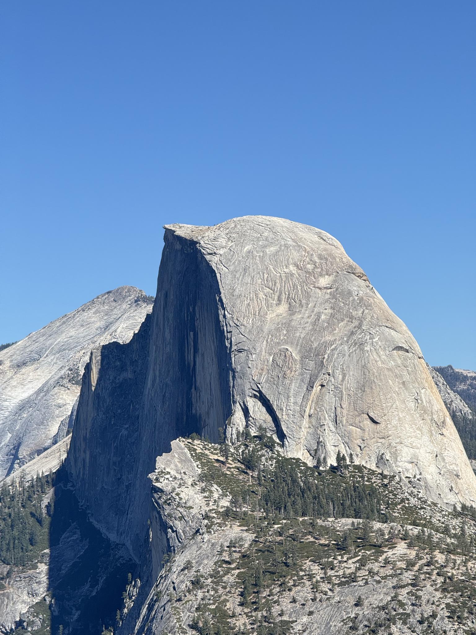 Close-up of a massive, textured granite dome under a clear blue sky.