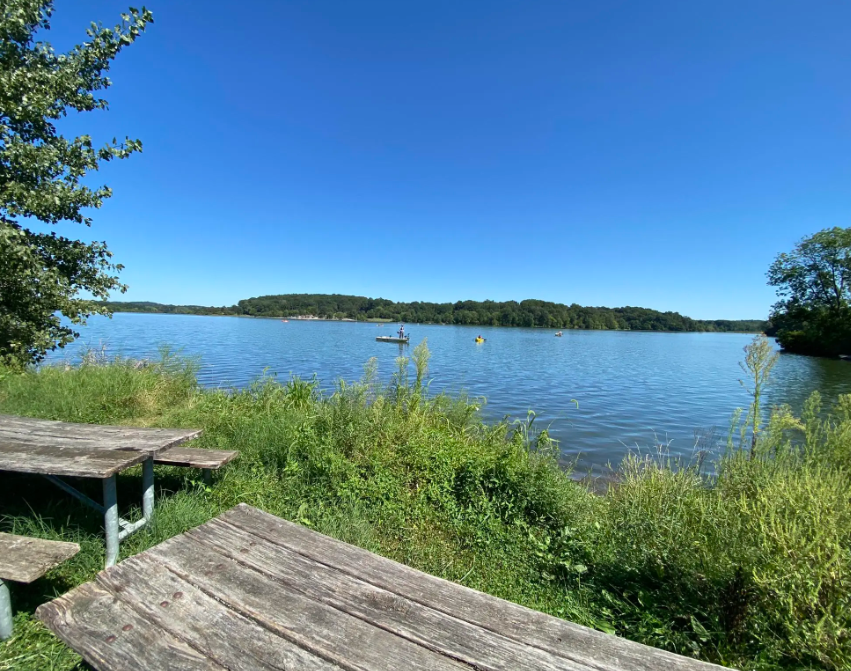 Lakeside view with picnic tables, a paddleboarder, and distant forested shore. - Blue and Green Trail Loop