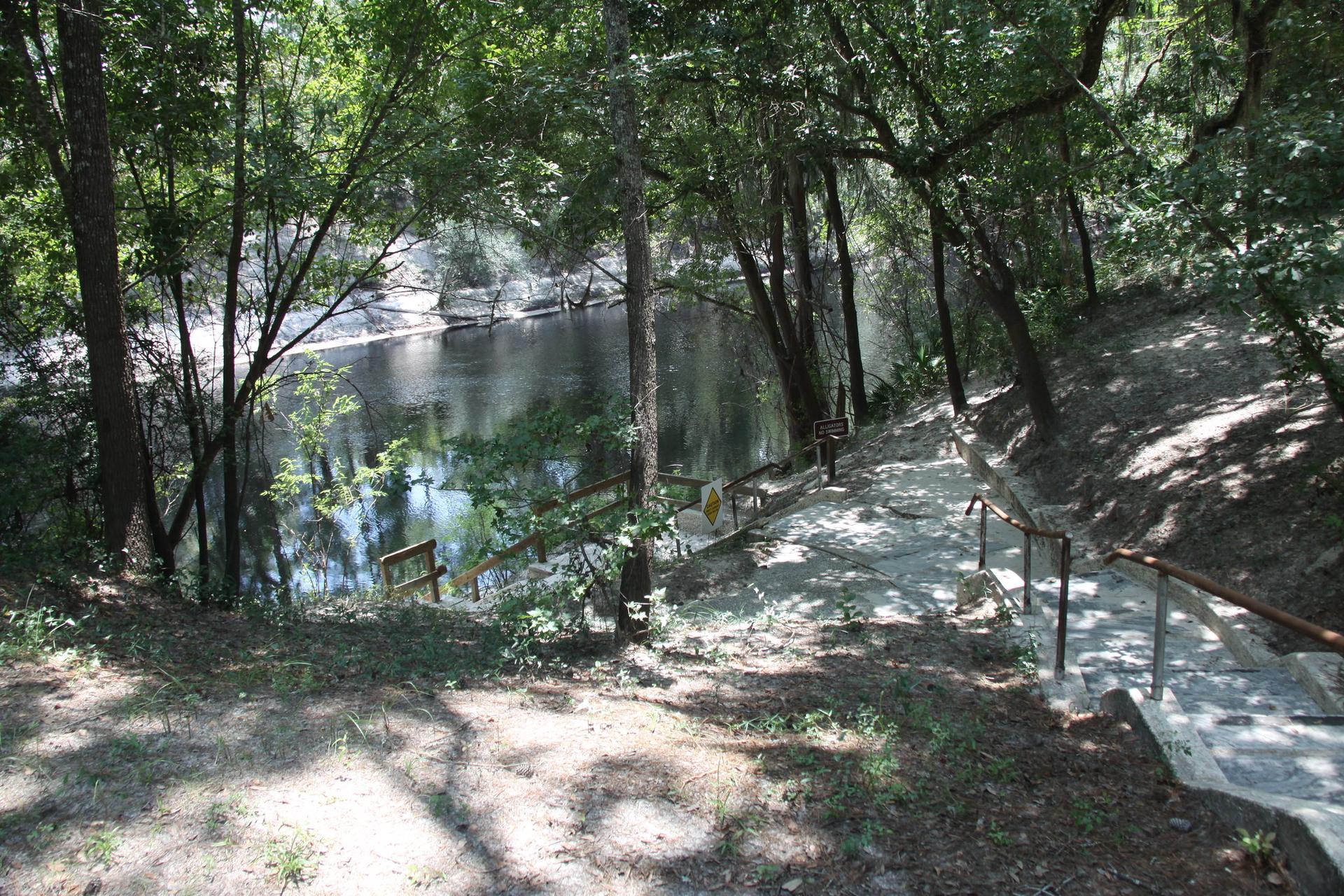 Shaded stairs lead down to a sunlit river surrounded by dense woods.