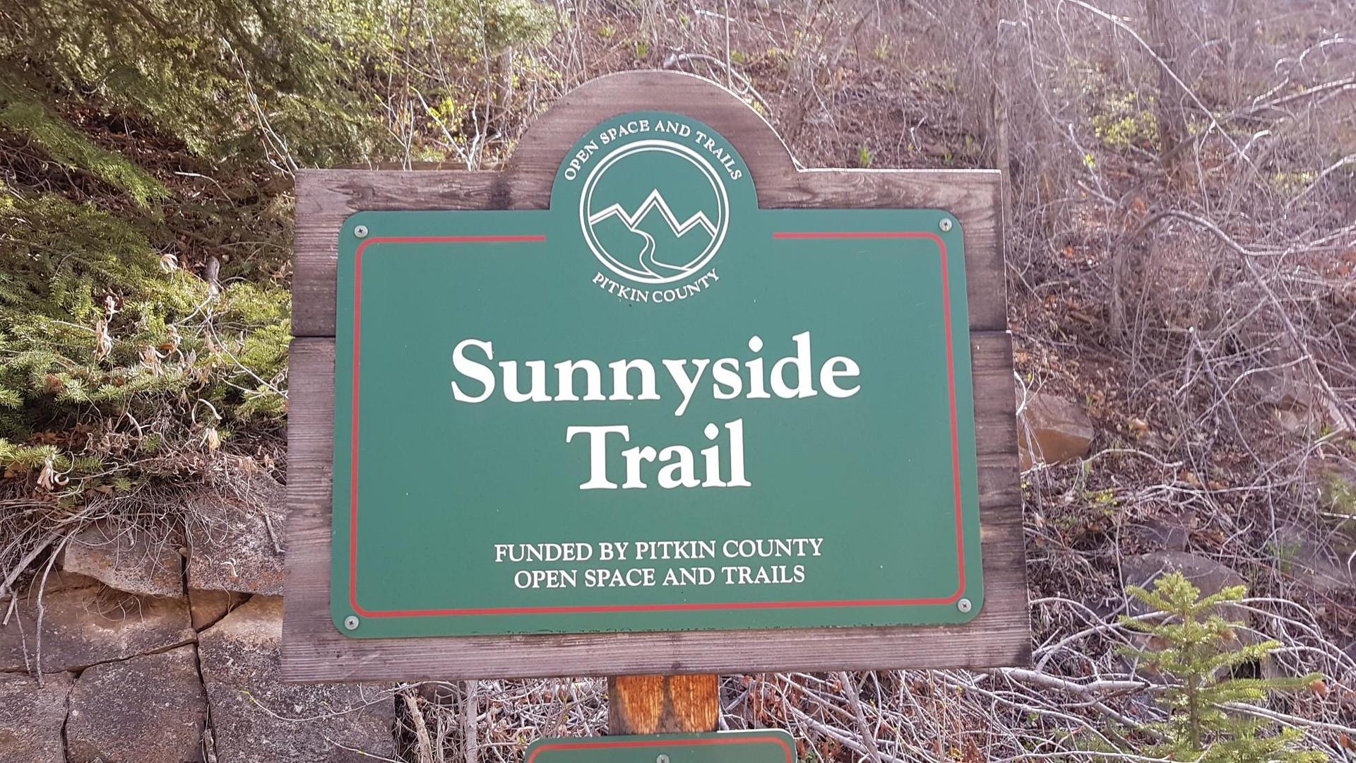 A wooden sign with green text, surrounded by trees and brush.
