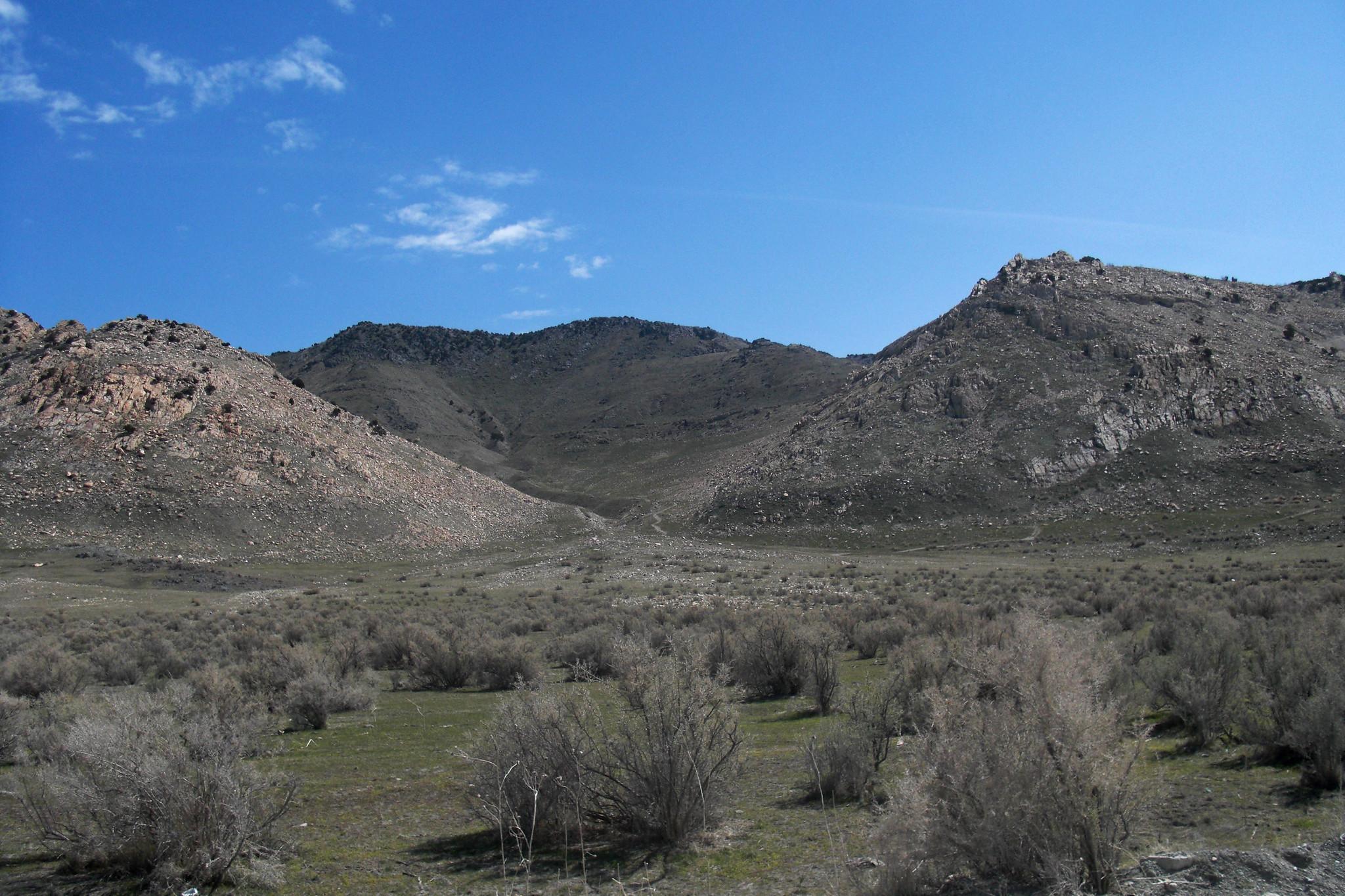 Arid landscape with dry brush, rolling hills, and distant mountains under a clear sky.