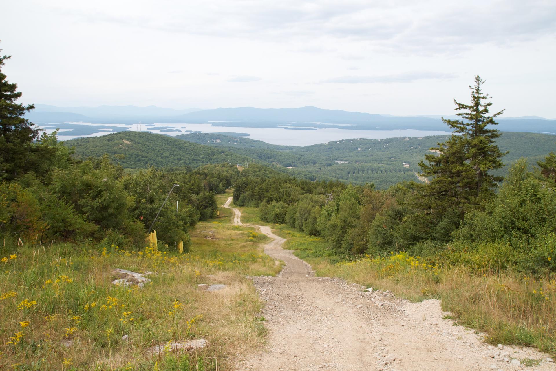Dirt path descends through green trees towards a large lake and mountains.