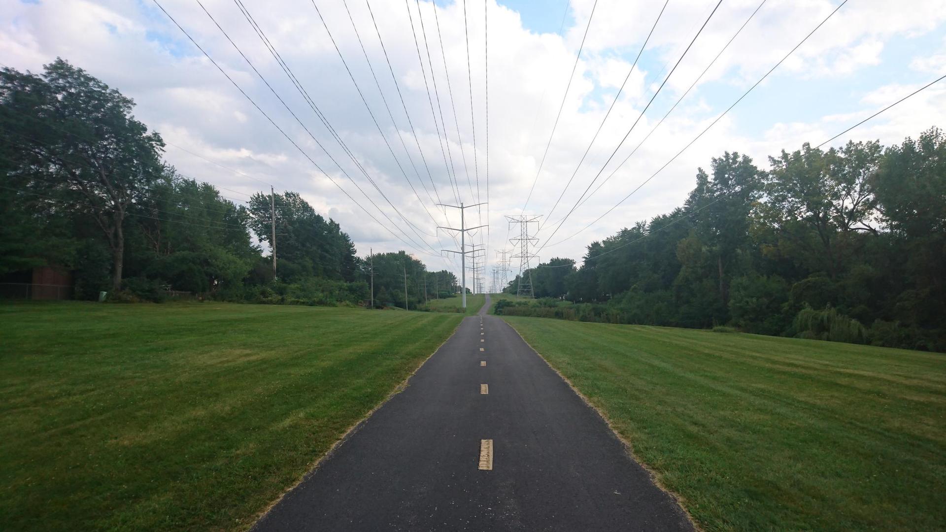 Long paved path leading to power line towers, surrounded by green fields and trees.