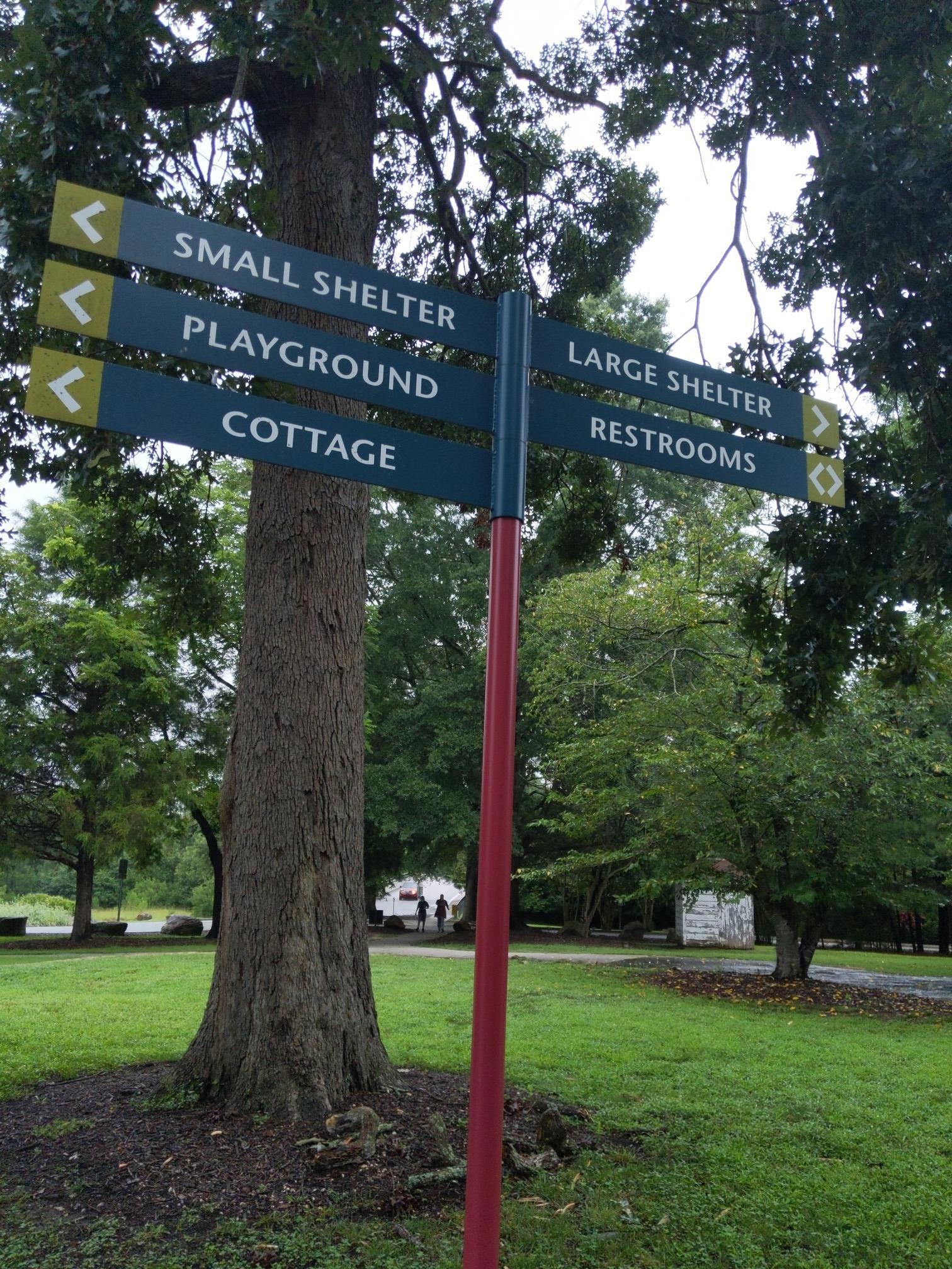 A directional signpost pointing to various facilities in a green park.