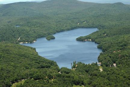 Aerial view of a blue lake nestled among dense green forests, with homes visible.