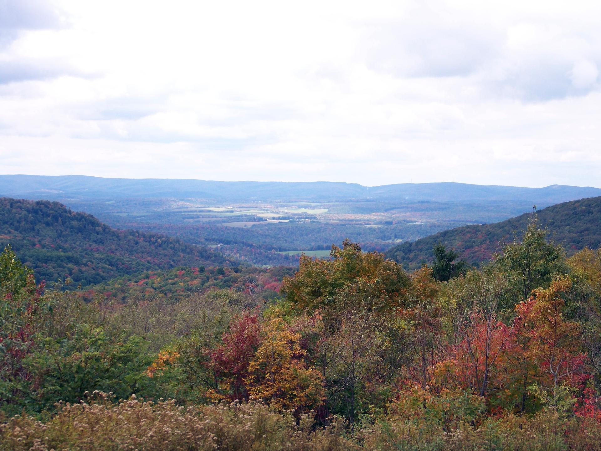 Overcast view of a vast valley with rolling hills and colorful autumn trees.