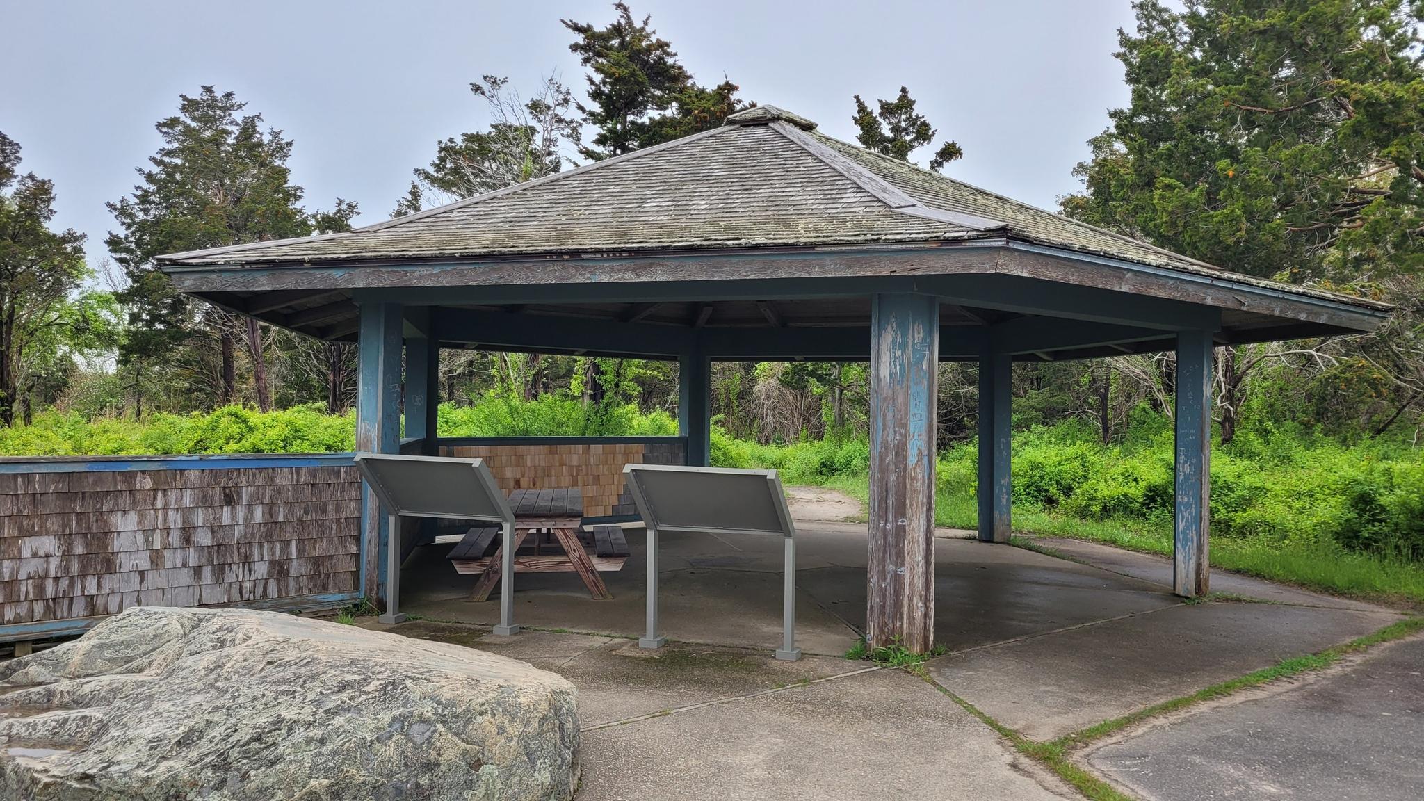 A wooden gazebo with a picnic table surrounded by green foliage on an overcast day.