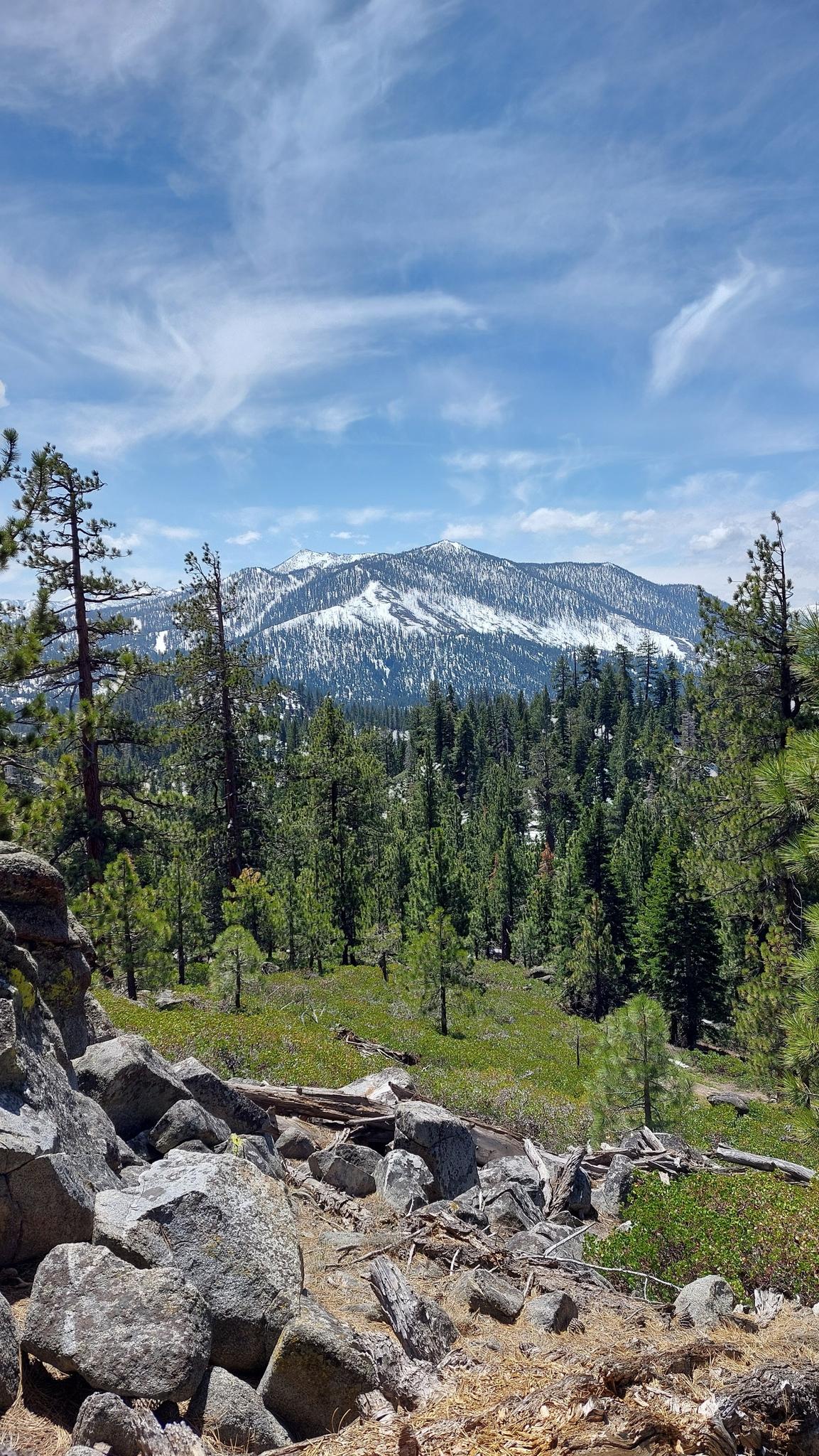 Snow-capped mountains overlook a green forest valley under a partly cloudy sky.