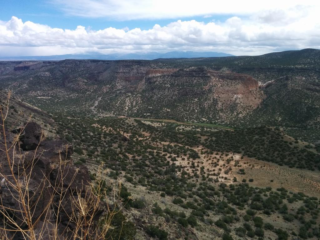 Vast canyon landscape with green vegetation under a partly cloudy sky.