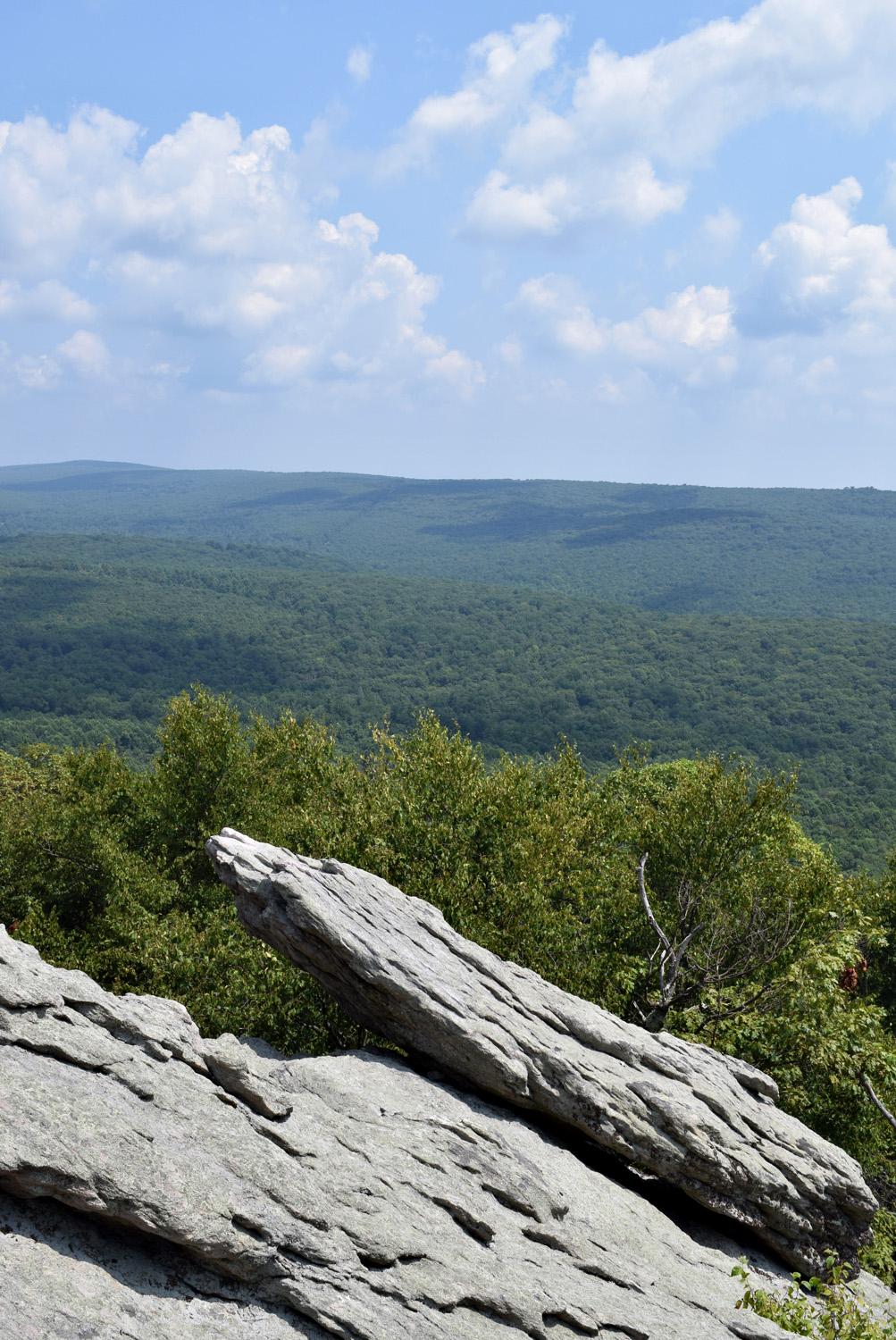 Jagged rocks overlook a vast, green forested valley under a bright sky.