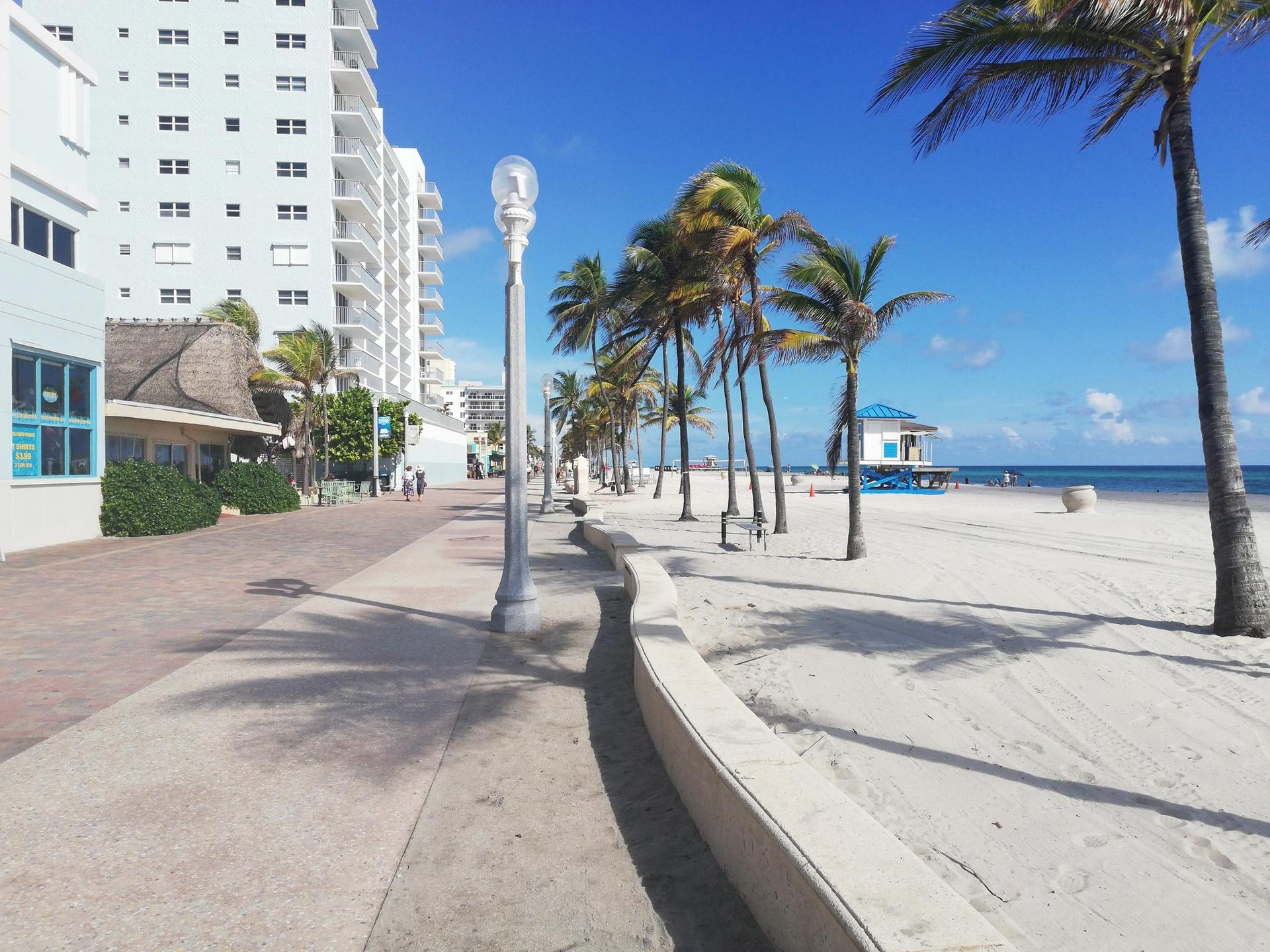 Sunny beach with palm trees, a boardwalk, and tall buildings.