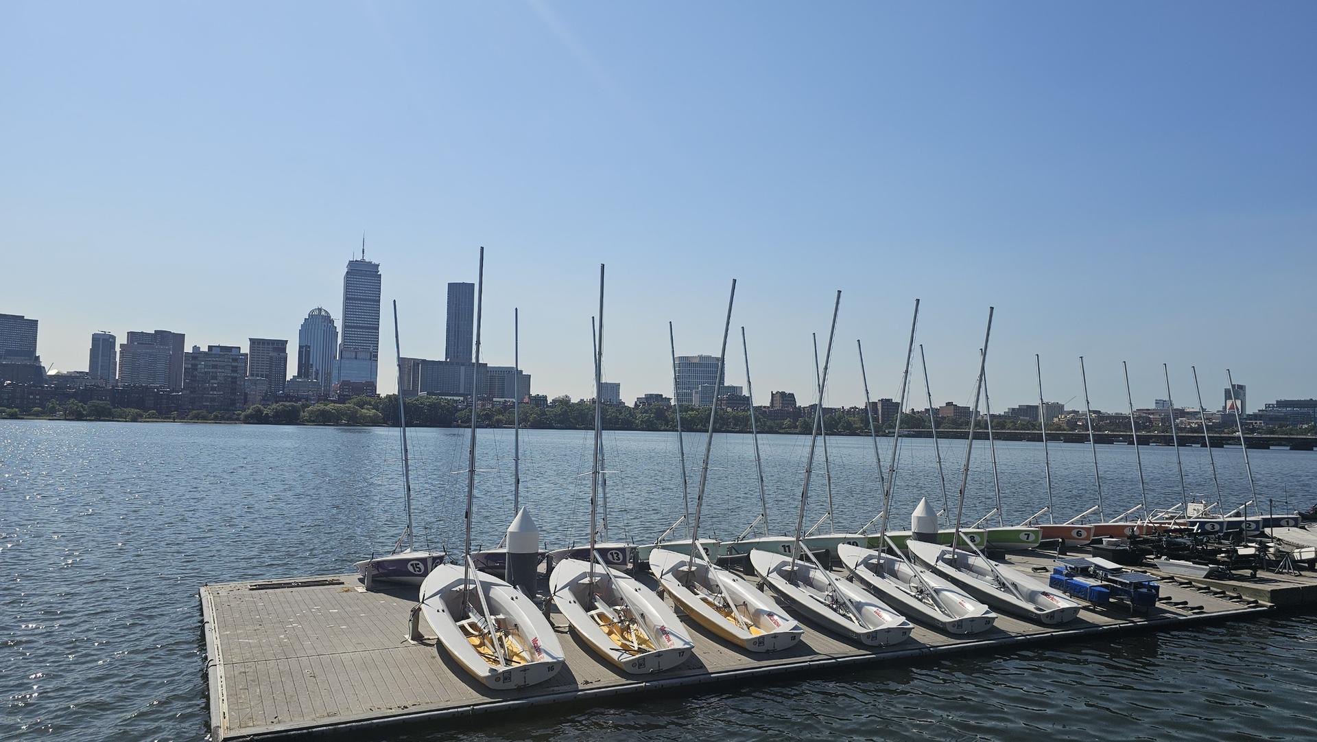 Small sailboats docked on a pier with a city skyline in bright daylight.