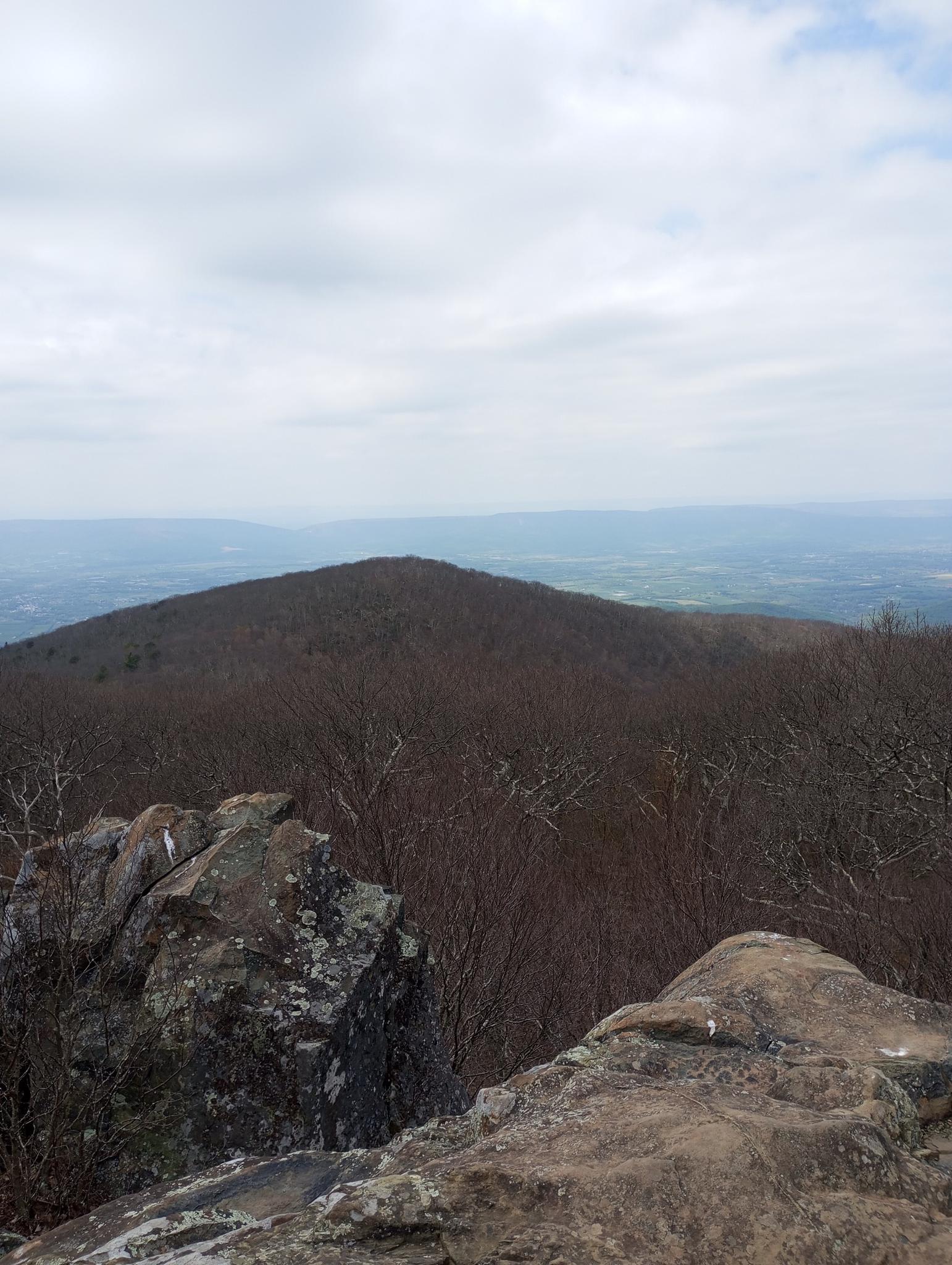 Rocky foreground overlooking a forested mountain under a cloudy sky.