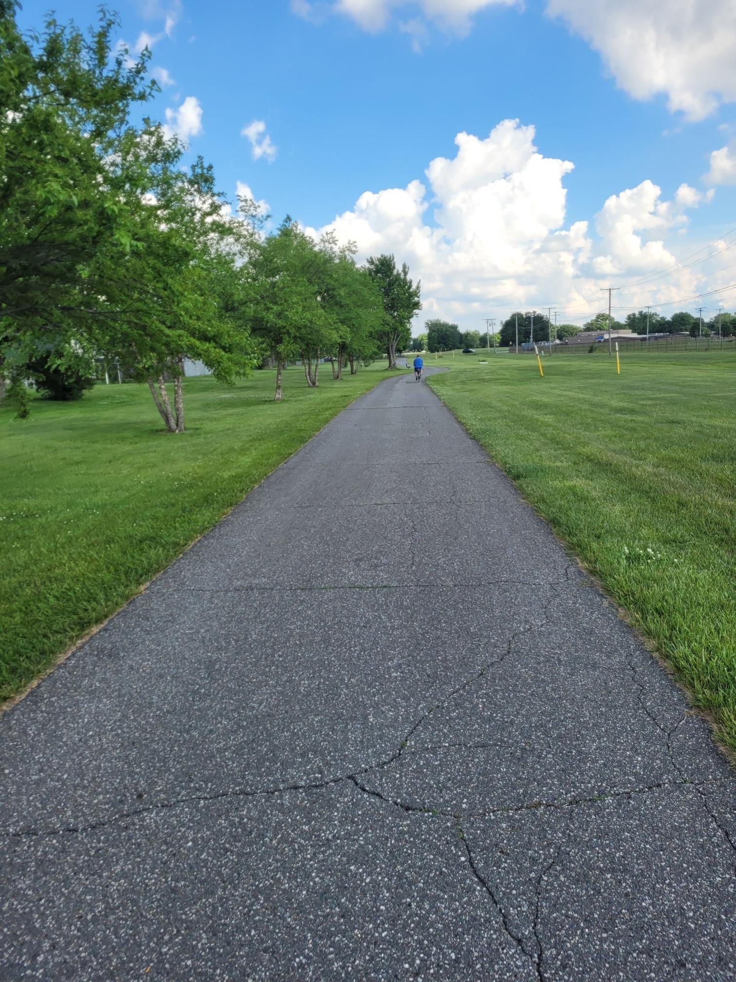 Long paved path through green fields and trees under a bright, cloudy sky.