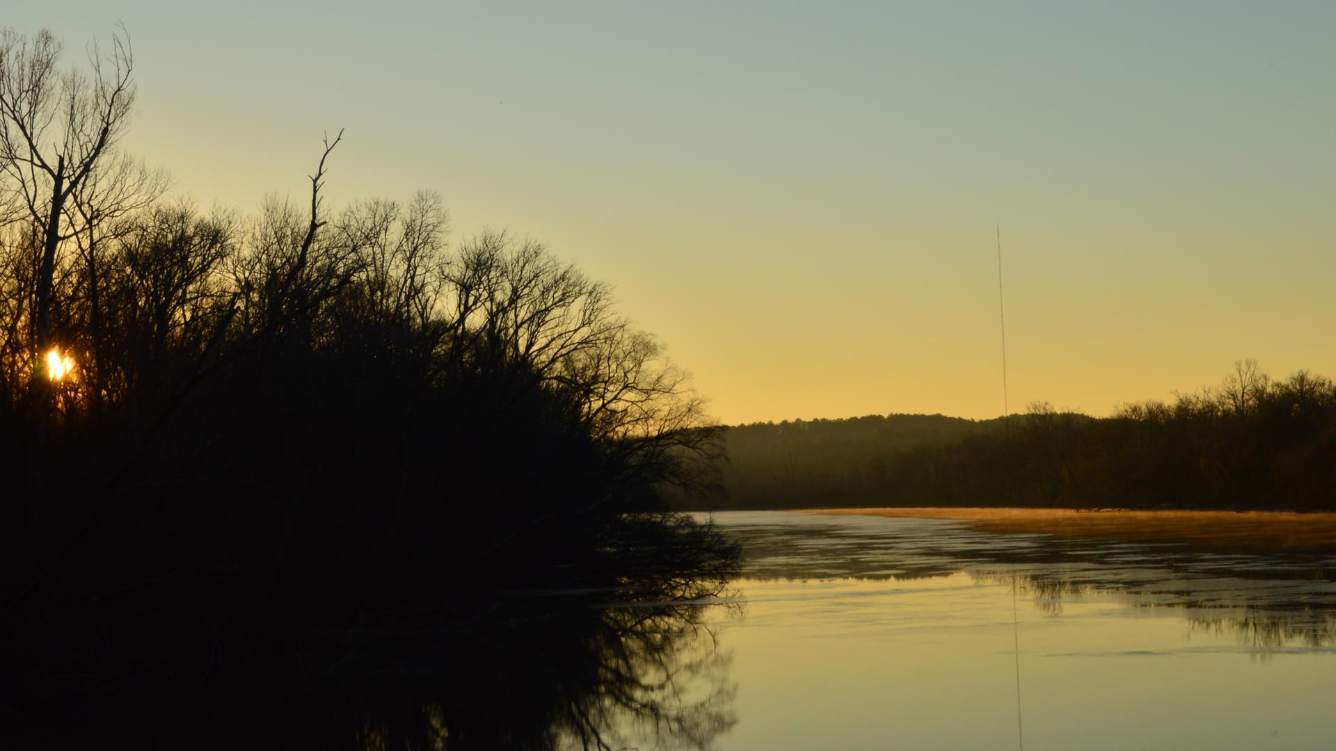 Golden sunrise over a misty river with silhouetted trees.