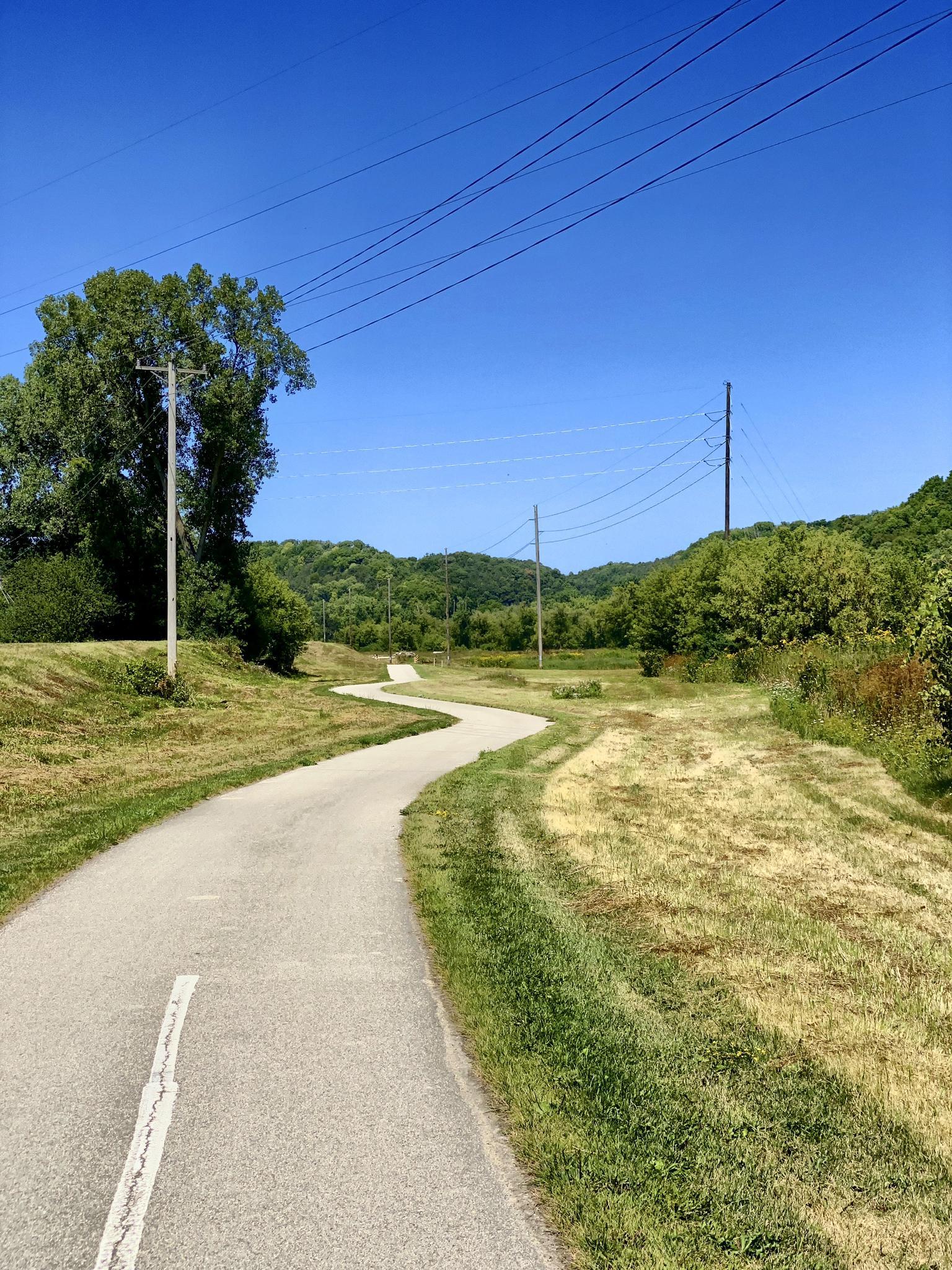 Paved winding path through green fields, power lines overhead, sunny day.