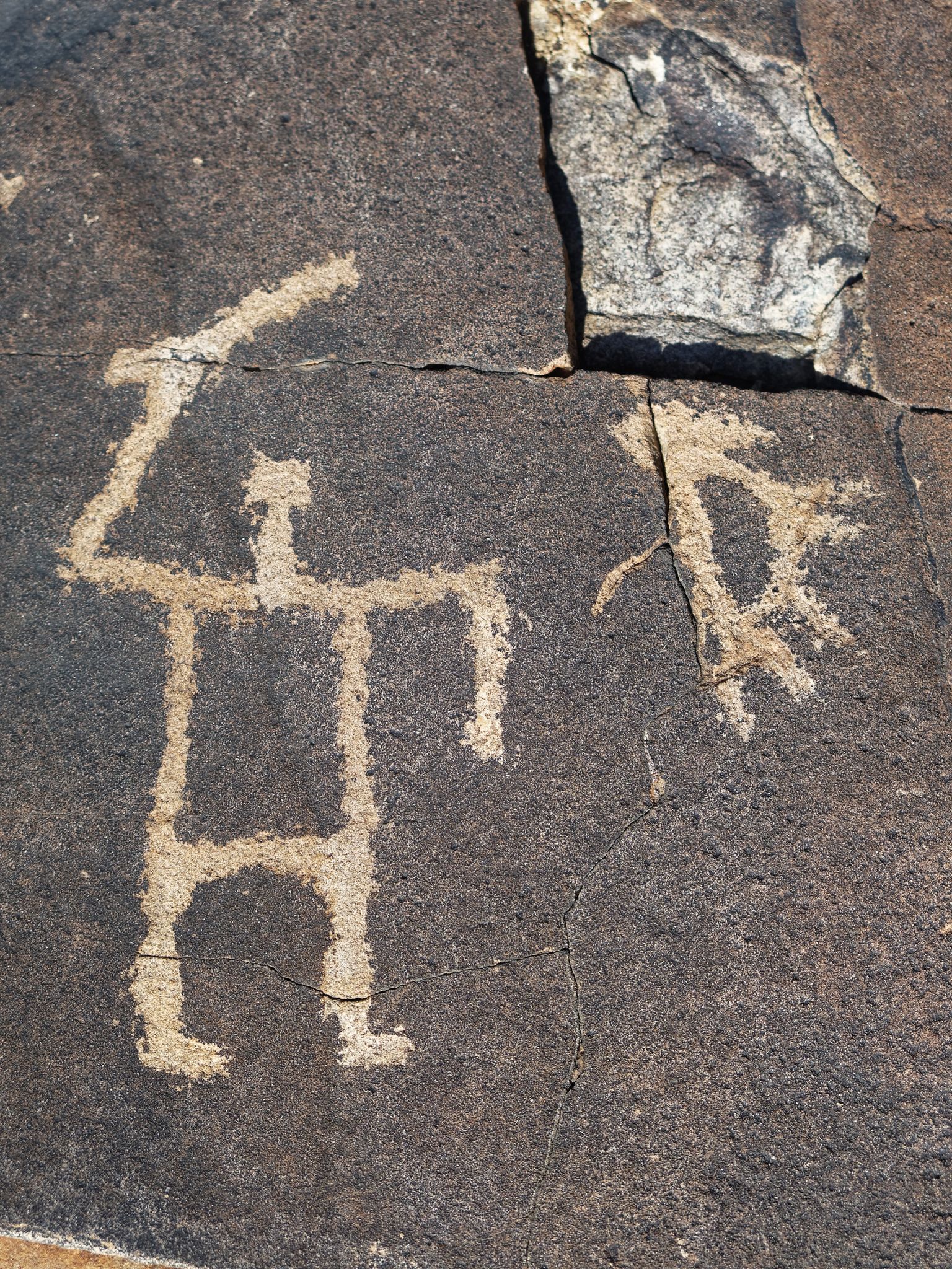Close-up of ancient petroglyphs carved into dark rock, showing human-like figures. - Seismosaurus Trail